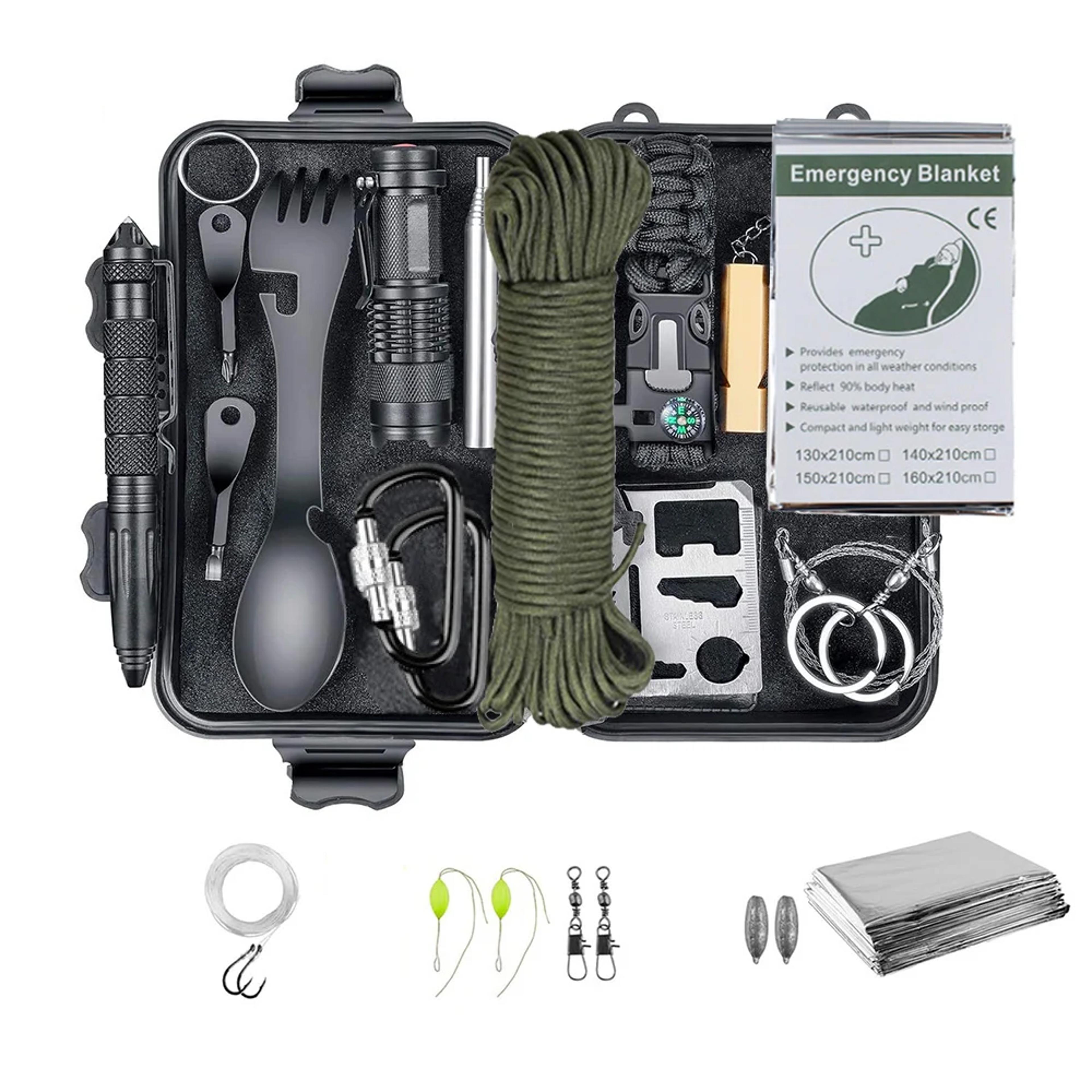 professional emergency survival kit gear, camping multifunction tactical defense equipment first aid sos adventure