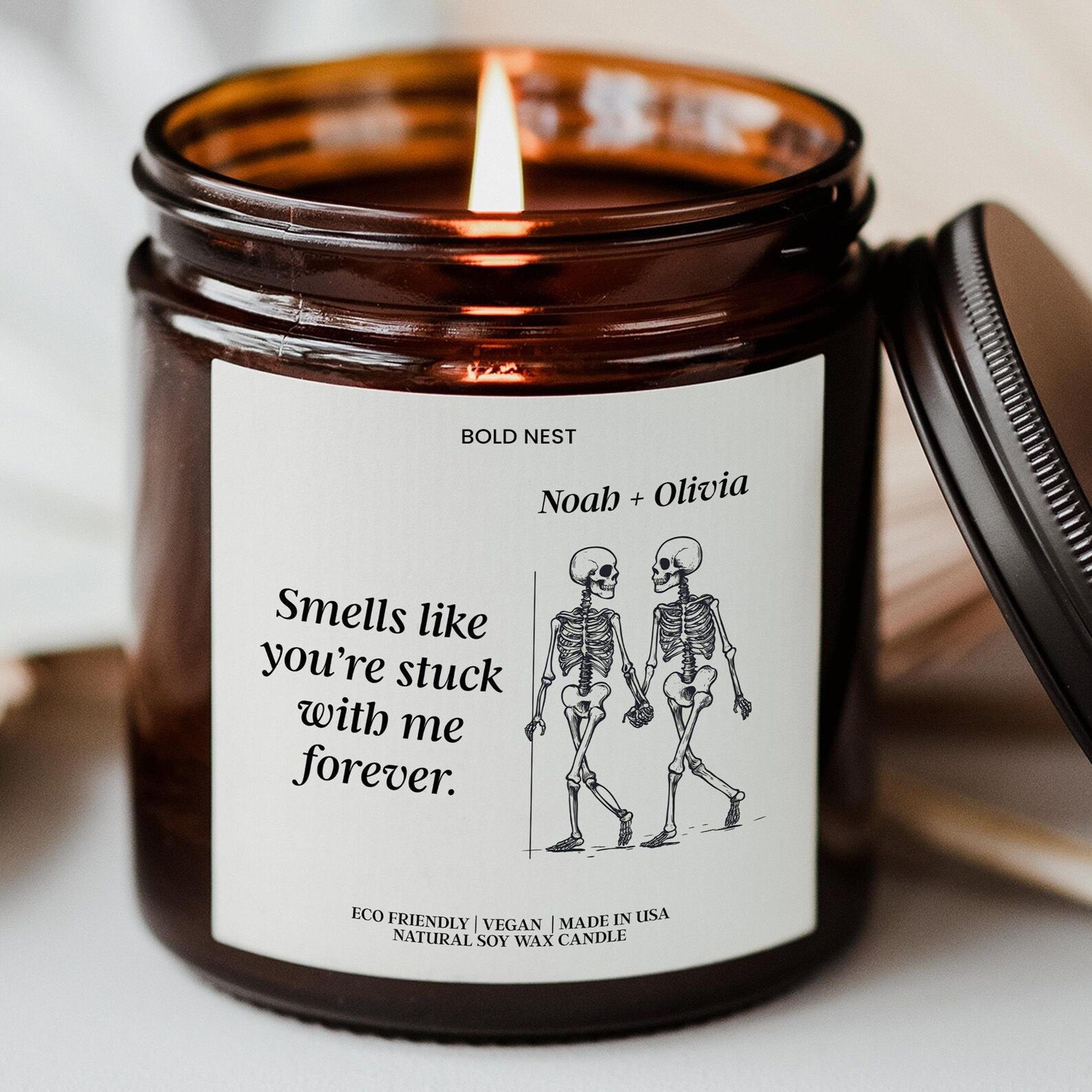 personalized smells like you re stuck with me candle – funny couple anniversary gift, custom scented candle
