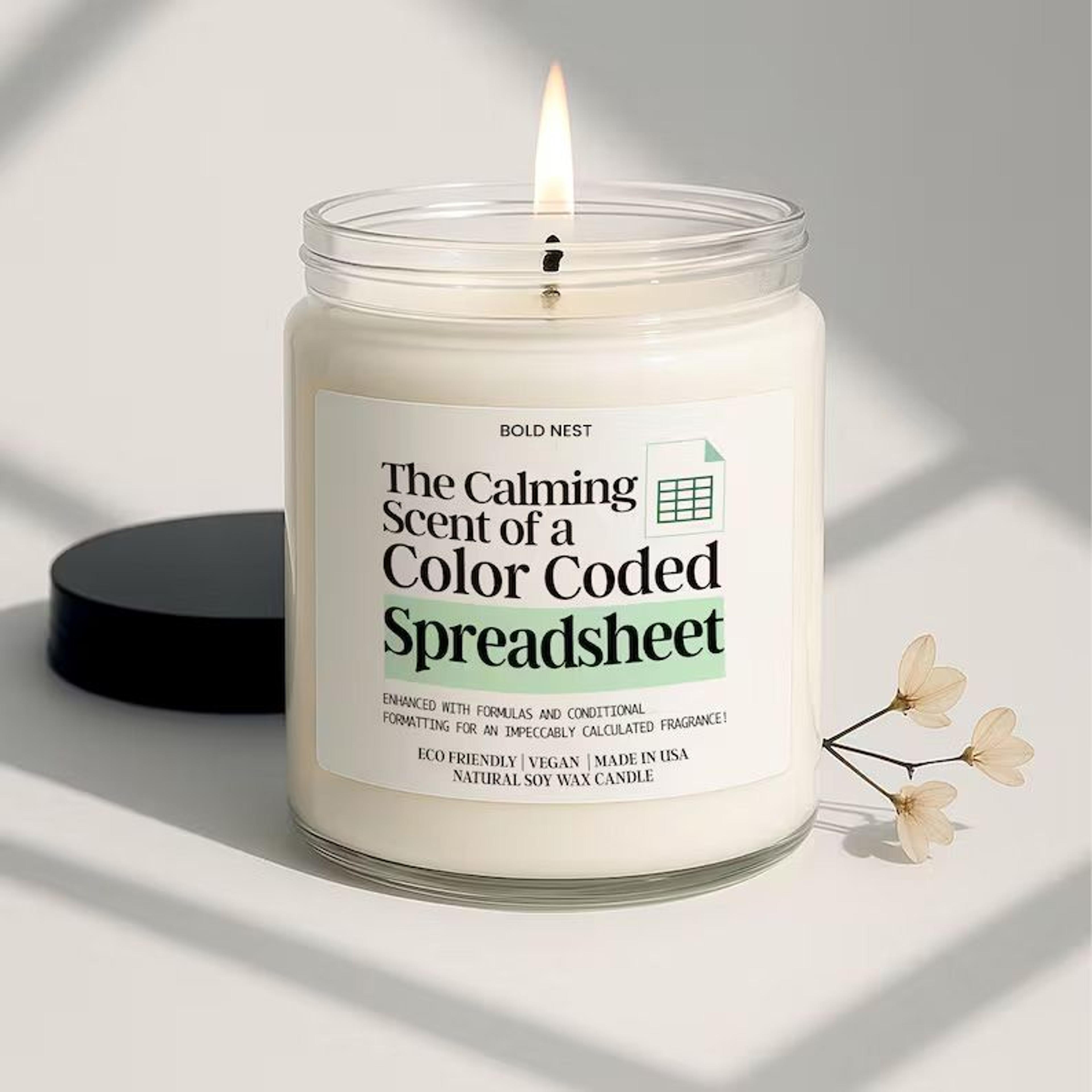 spreadsheet candle funny accountant gift color coded spreadsheet humor cpa data analyst candle