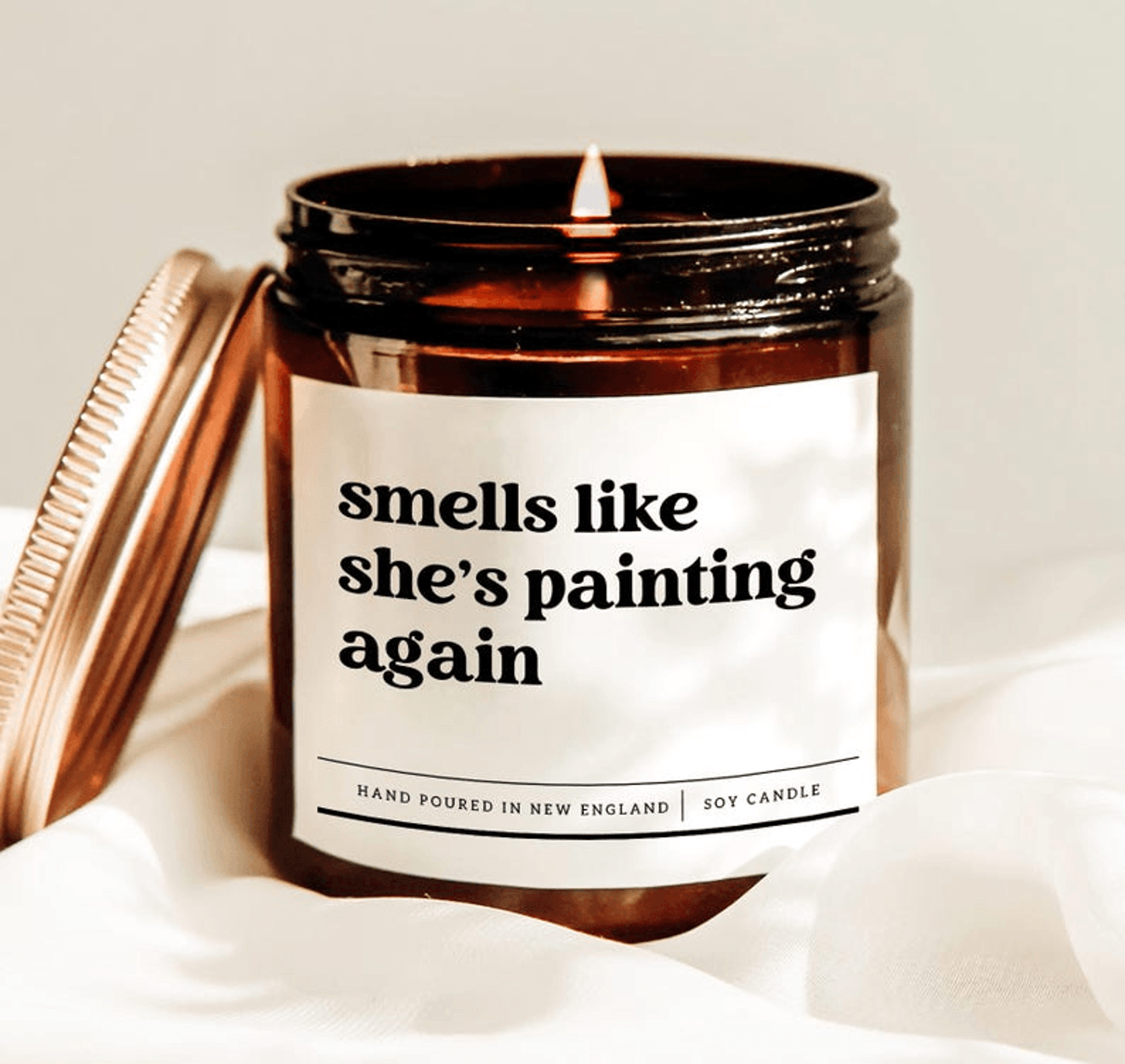 smells like shes painting again candle, funny artist gift, creative painter soy candle for art lovers and women