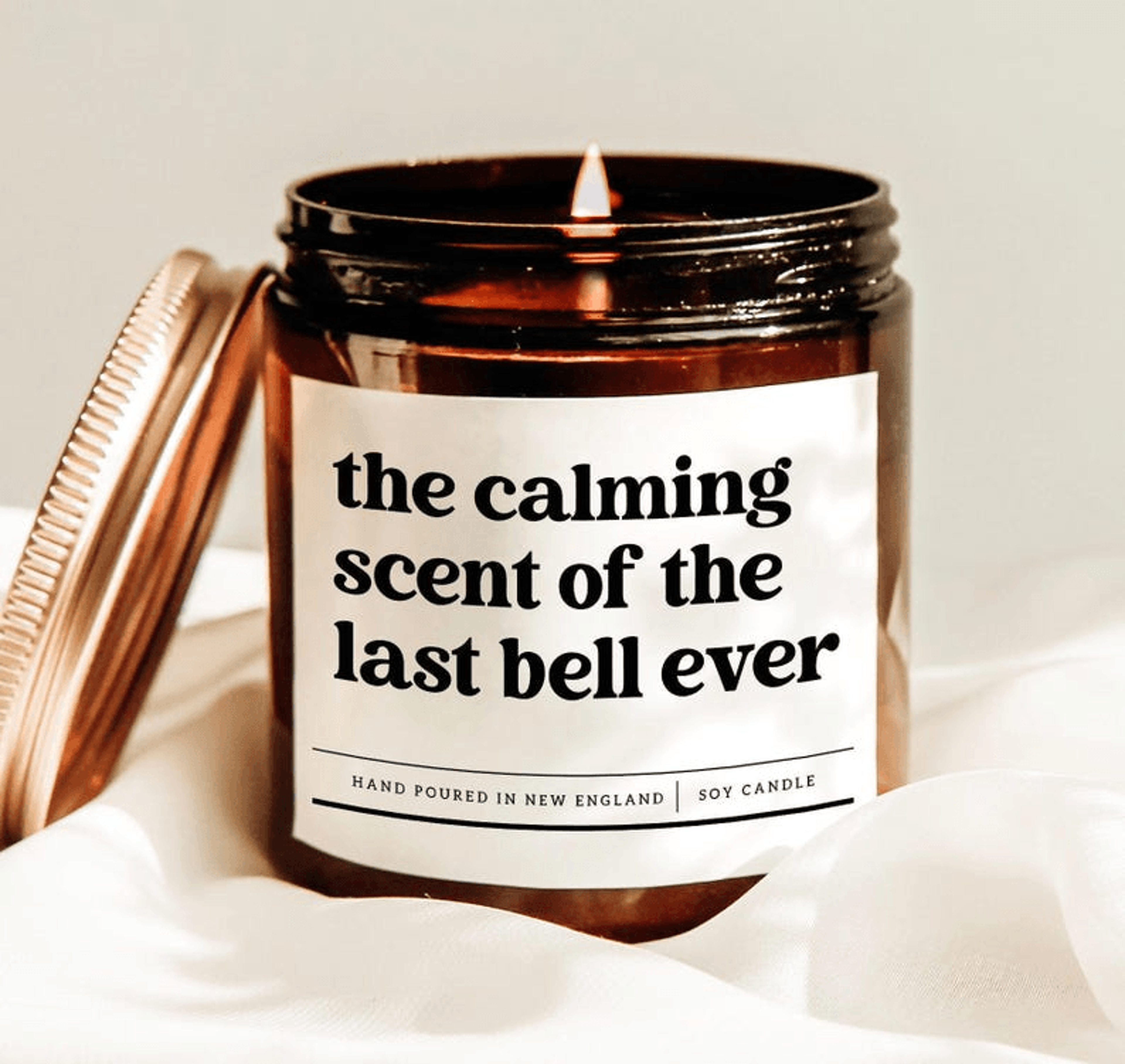 the calming scent of the last bell ever candle, funny teacher retirement gift, end of school soy candle