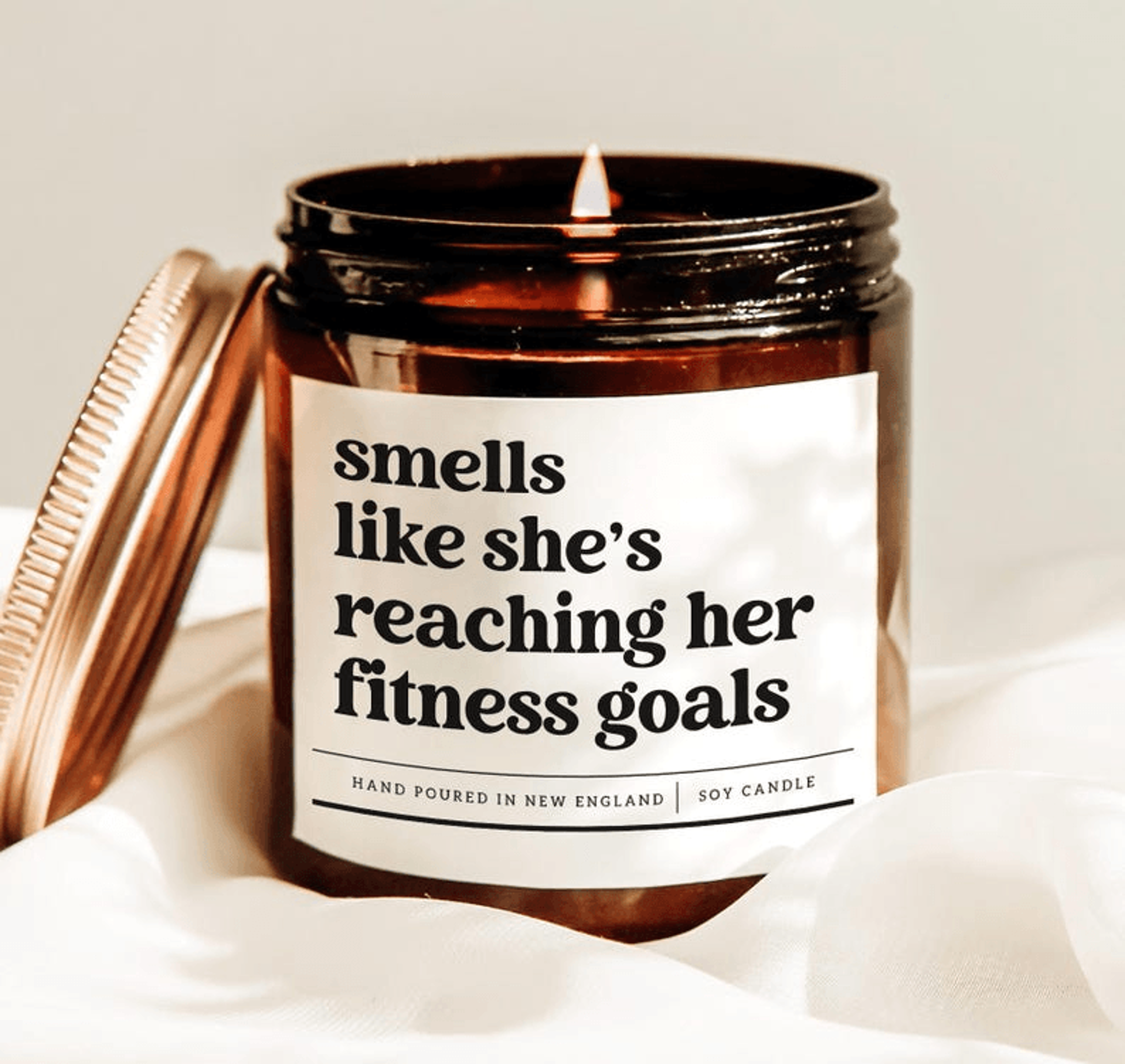 smells like shes reaching her fitness goals candle, funny gym gift for workout motivation and self care