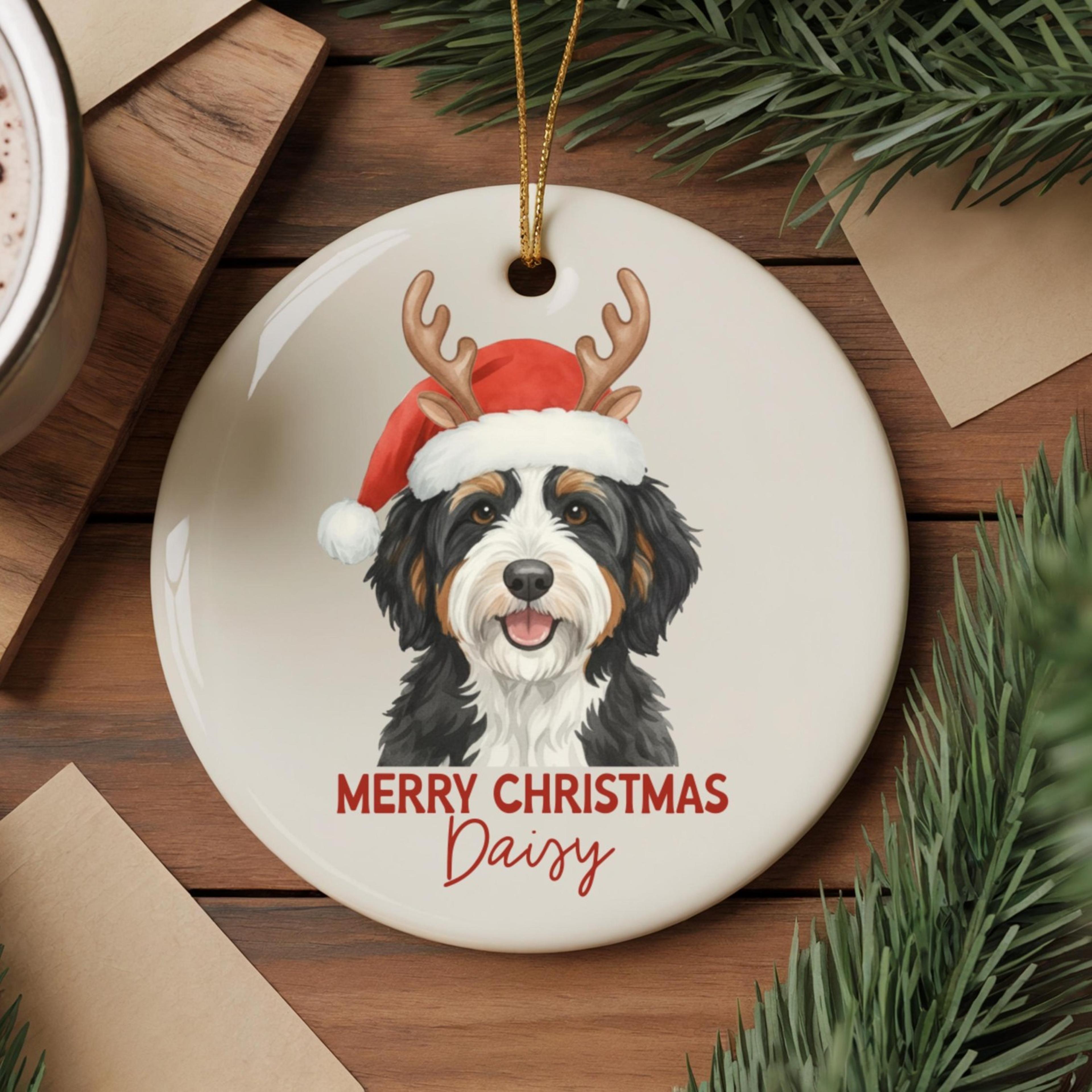 custom bernedoodle christmas ornament, personalized dog ornament, watercolor bernedoodle gift, dog mom christmas keepsak