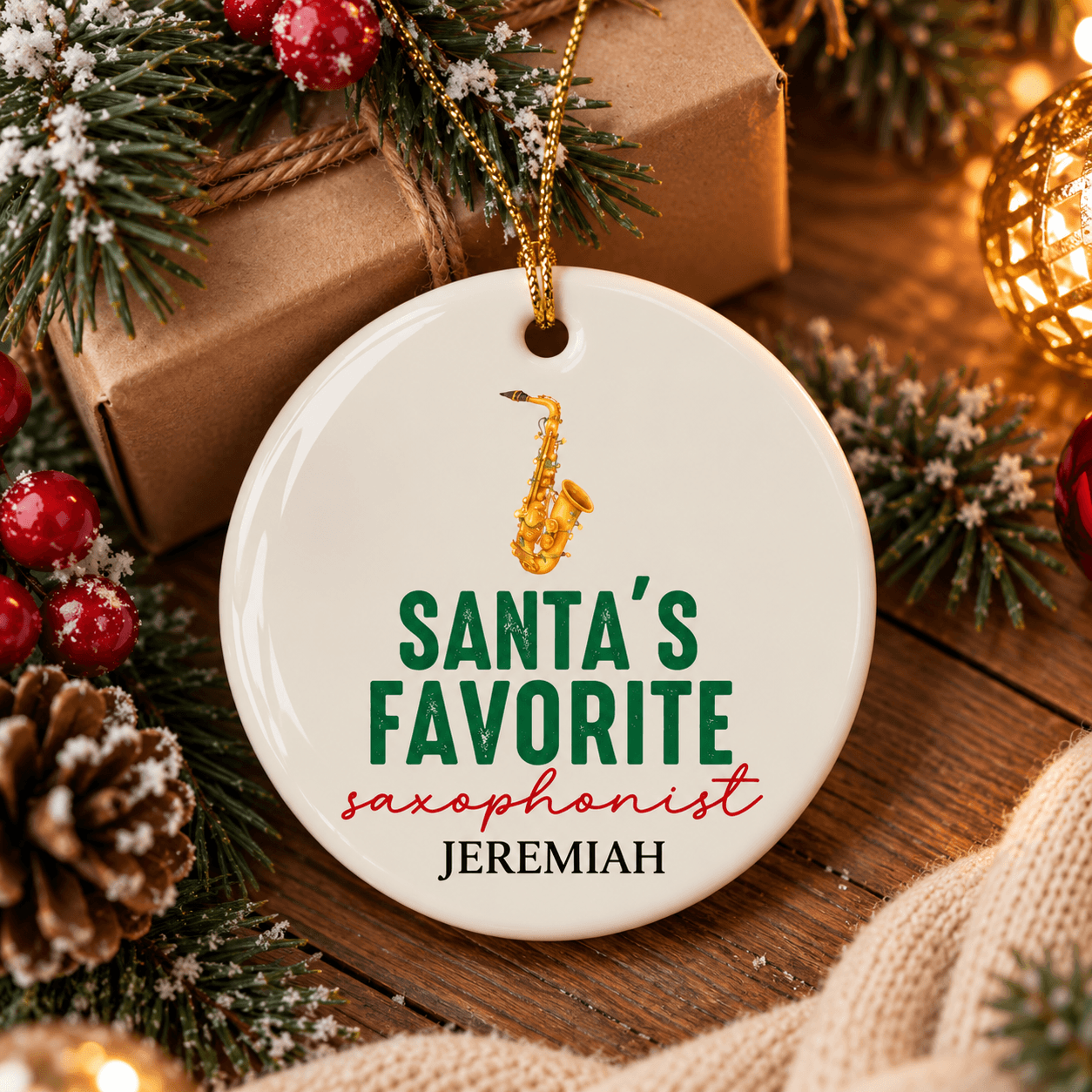 personalized saxophonist christmas ornament, santa's favorite saxophone player gift, custom name musician holiday keep