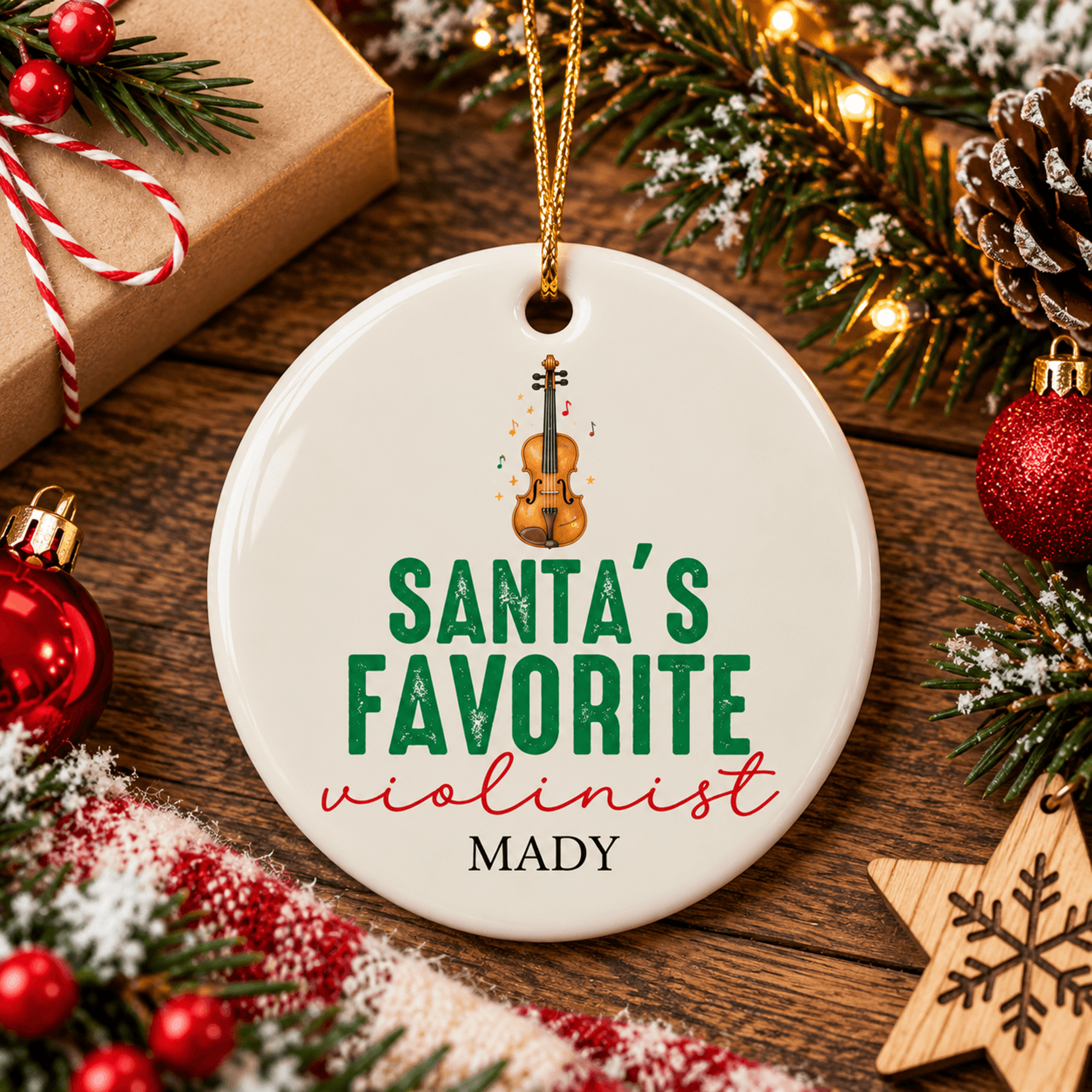 personalized violinist christmas ornament, santa's favorite violin player gift, custom name musician holiday keepsake