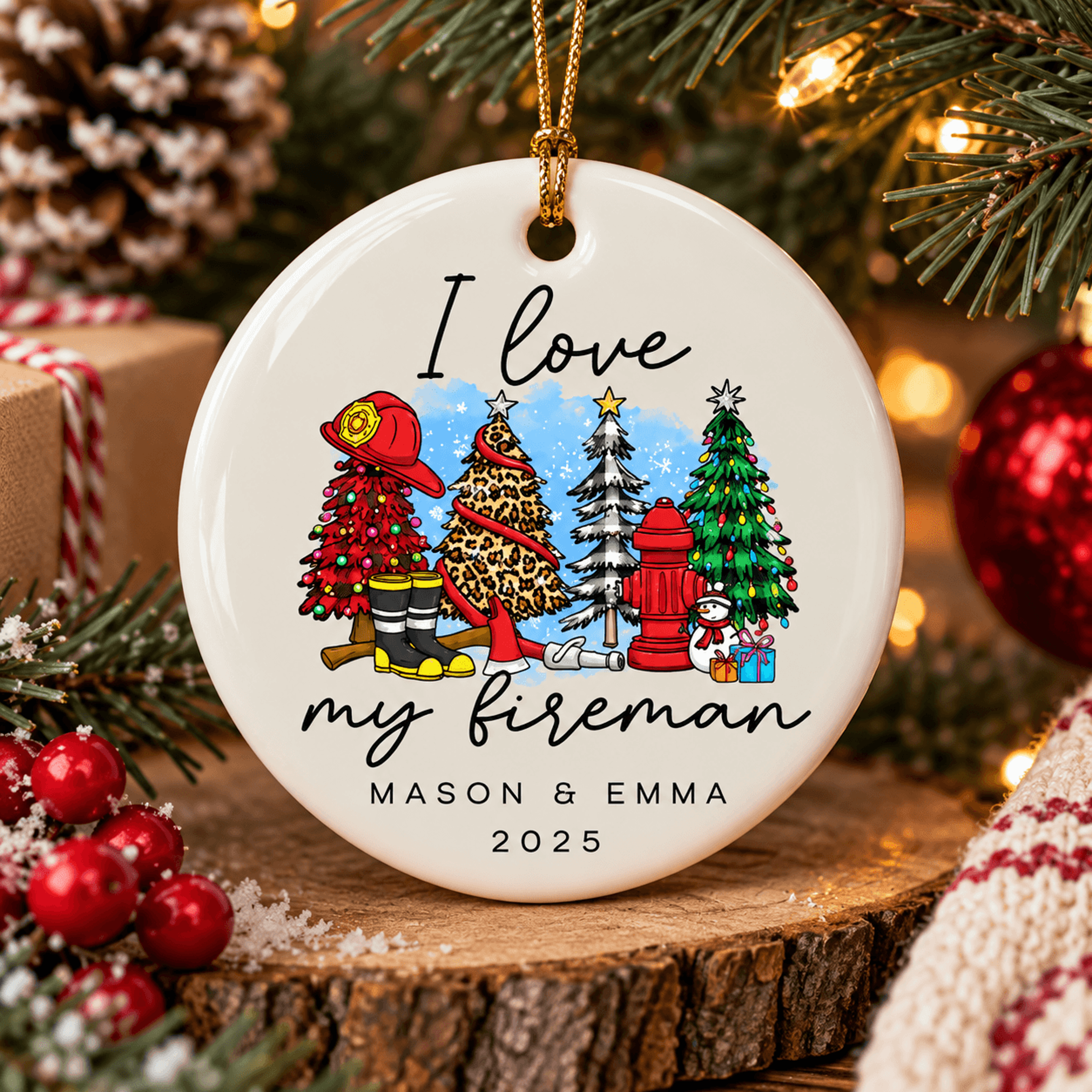 personalized firefighter christmas ornament, i love my fireman gift, custom couple names, firefighter holiday keepsake