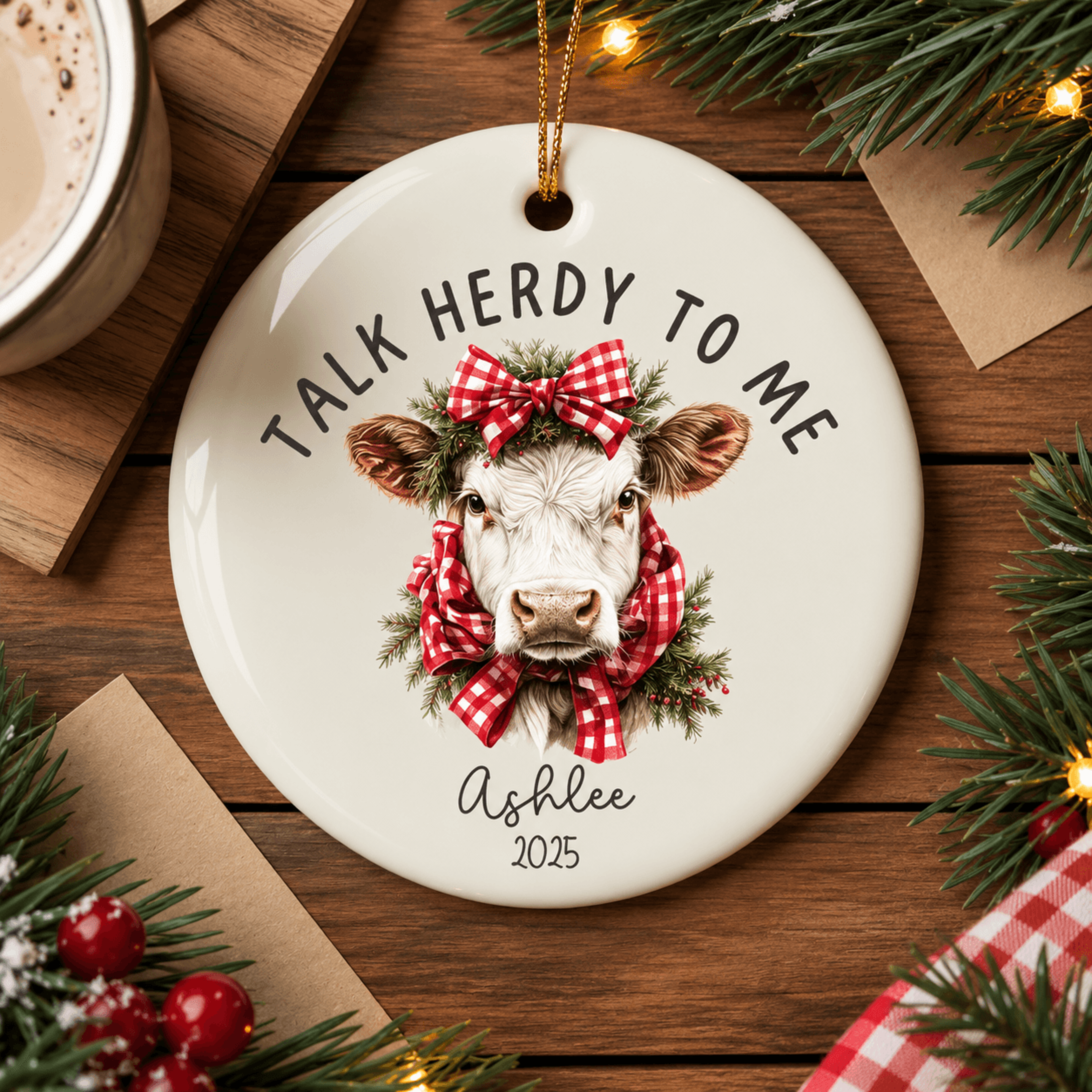 personalized cow christmas ornament, talk herdy to me gift, custom name farm animal ornament, cow lover holiday keepsake