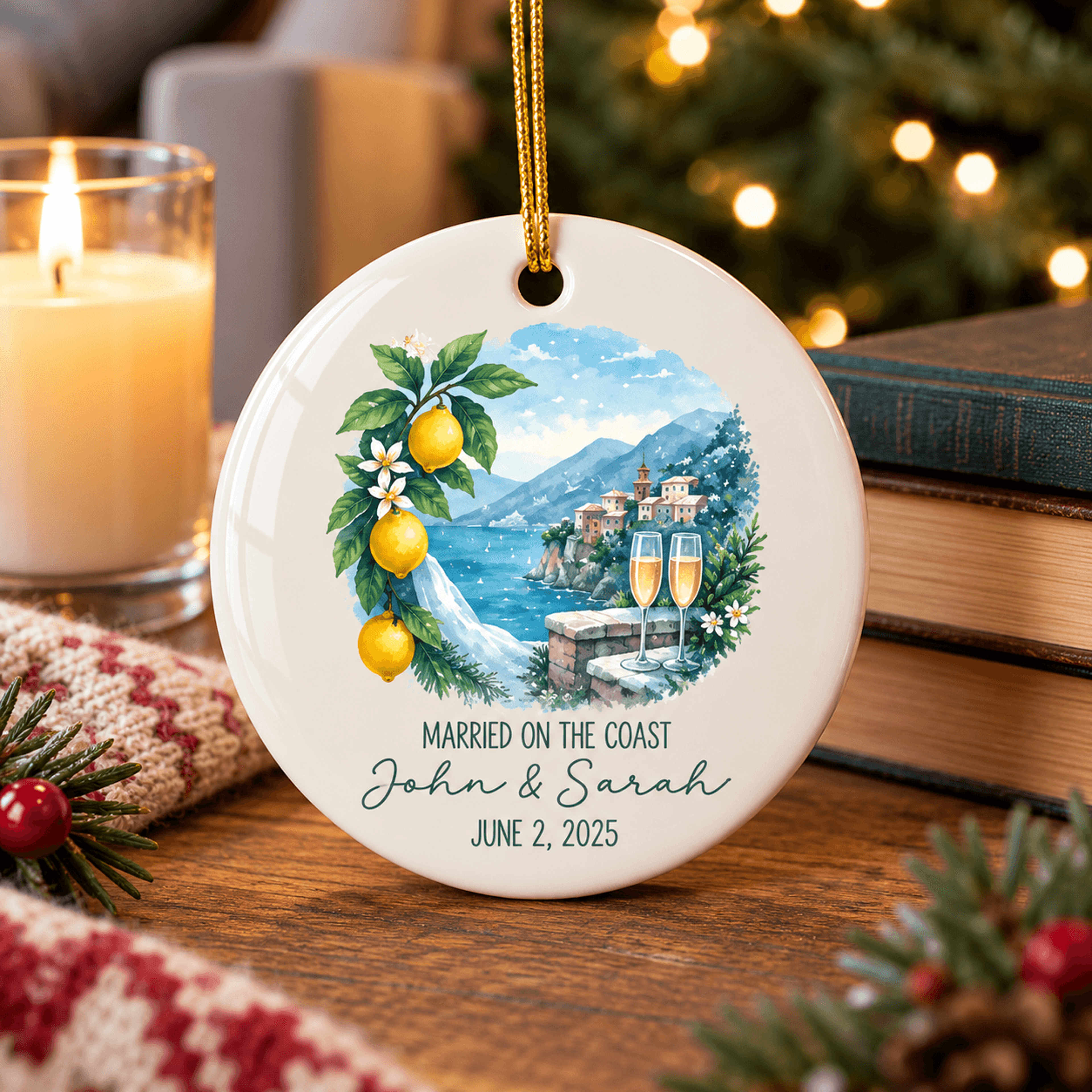 personalized coastal wedding ornament, custom couple names date keepsake, amalfi coast wedding gift, newlywed christmas