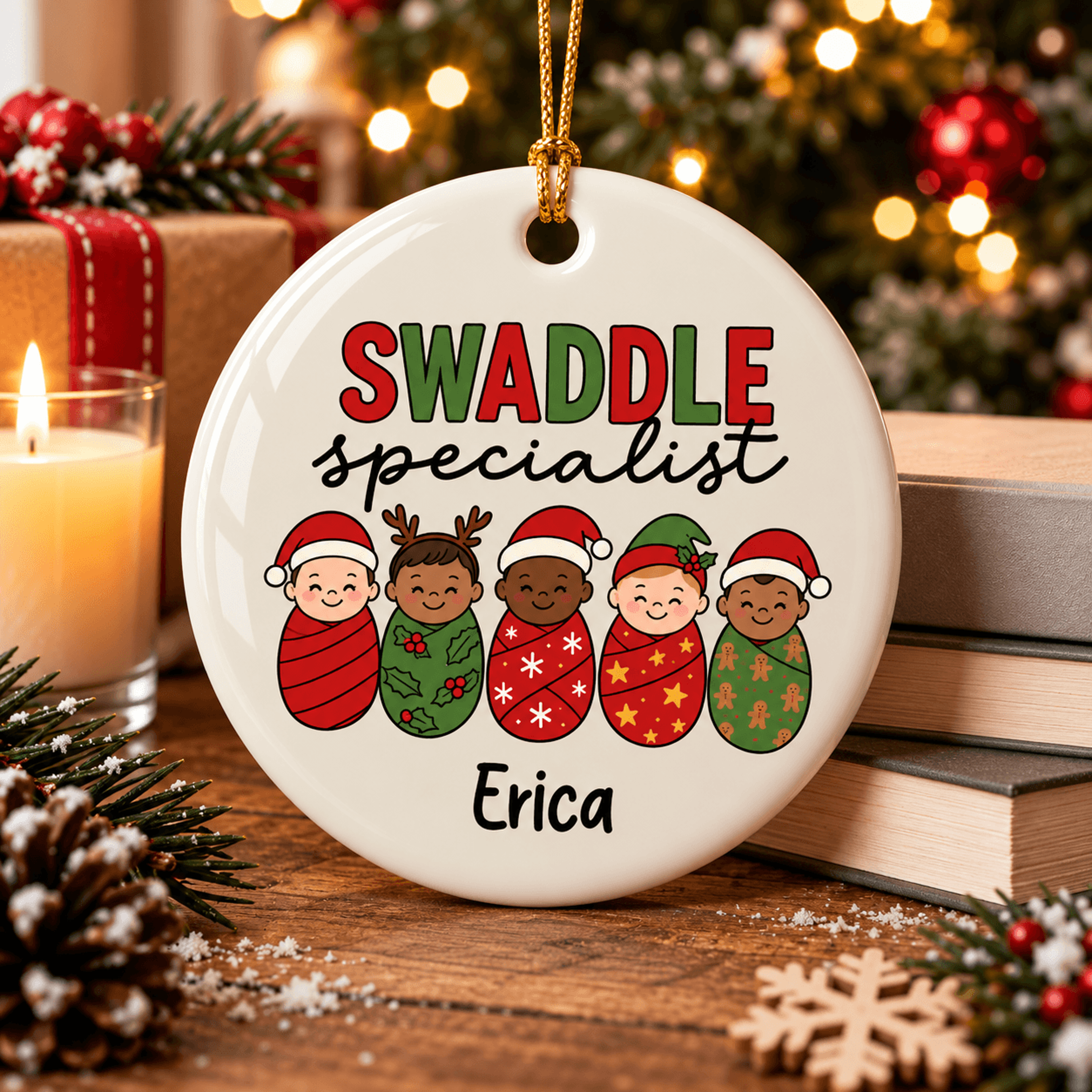 personalized swaddle specialist christmas ornament, newborn nurse gift, nicu nurse ornament, baby nurse holiday keepsake