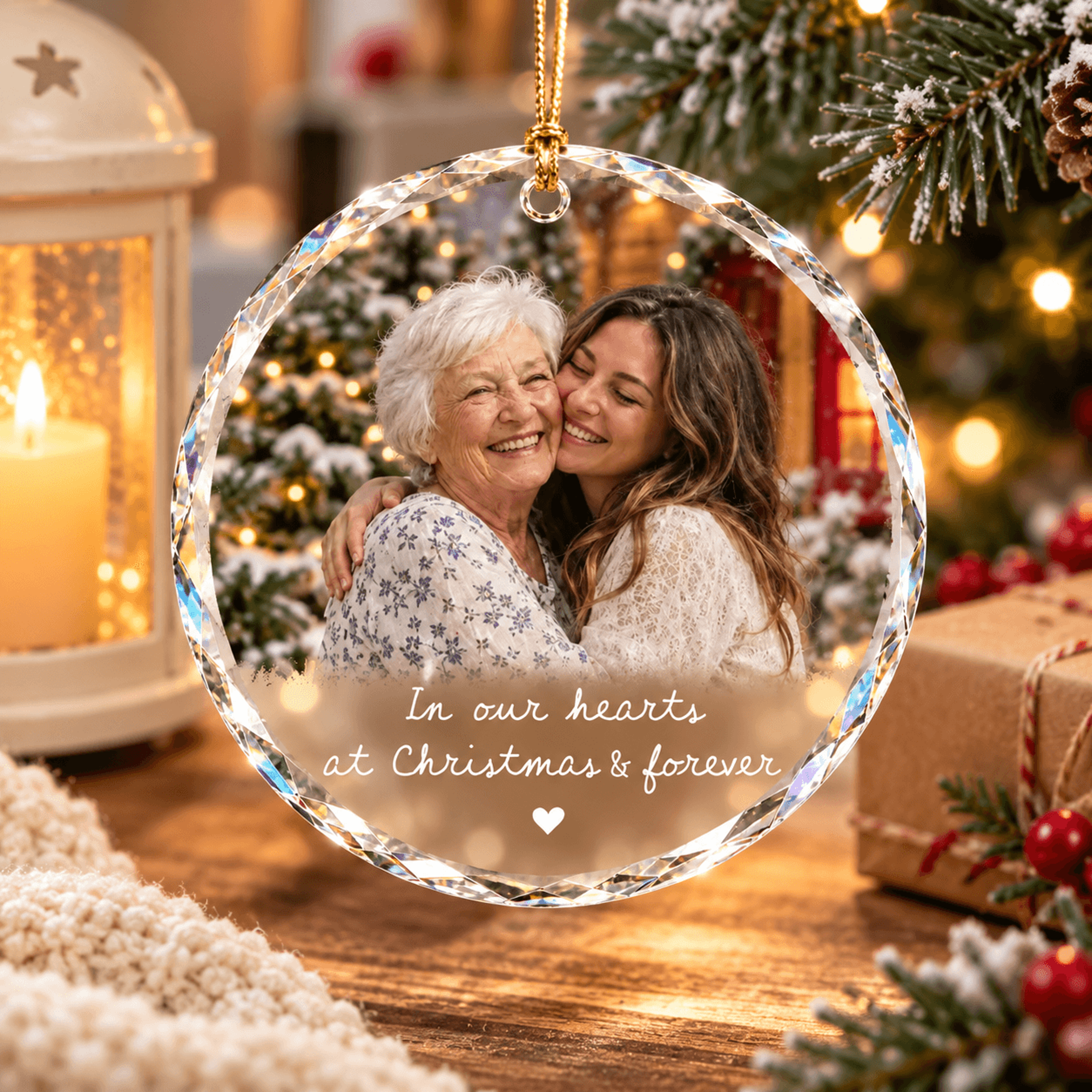 personalized photo christmas ornament, custom family memorial keepsake, in our hearts forever crystal holiday ornament