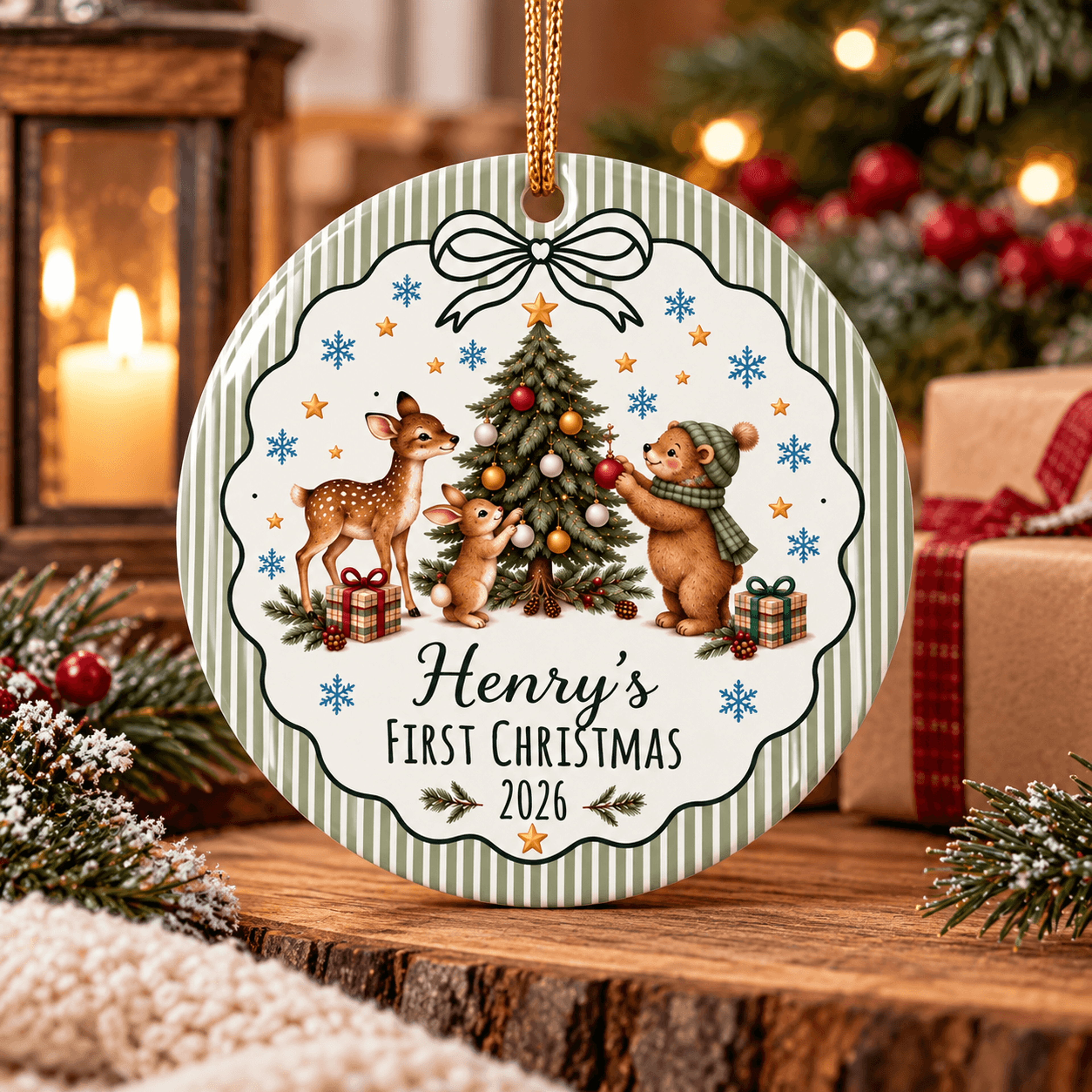 personalized first christmas ornament, custom name baby christmas keepsake, woodland animal holiday ornament, 2026 gift