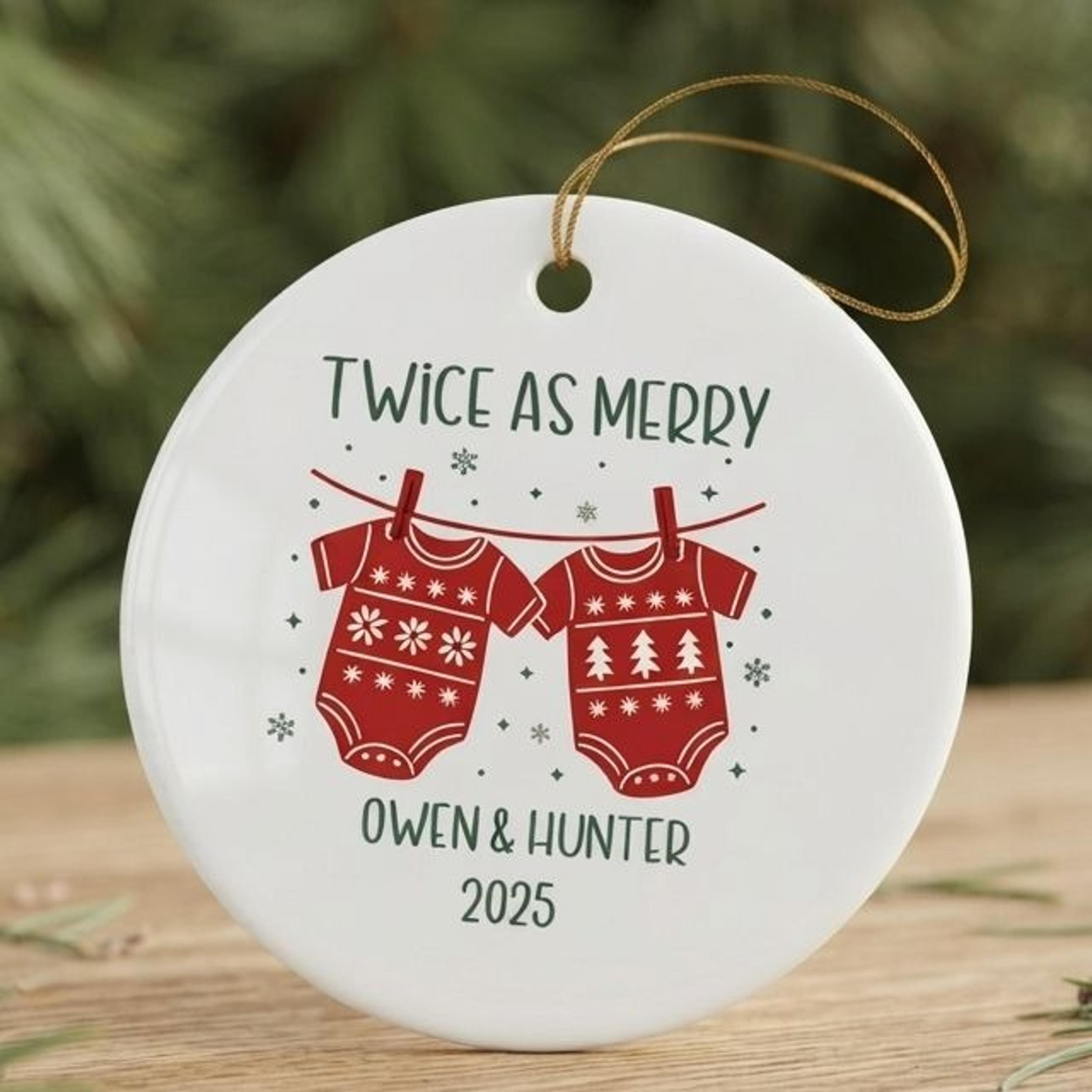 personalized twins first christmas ornament, twice as merry twin baby gift, custom names year christmas keepsake 2025
