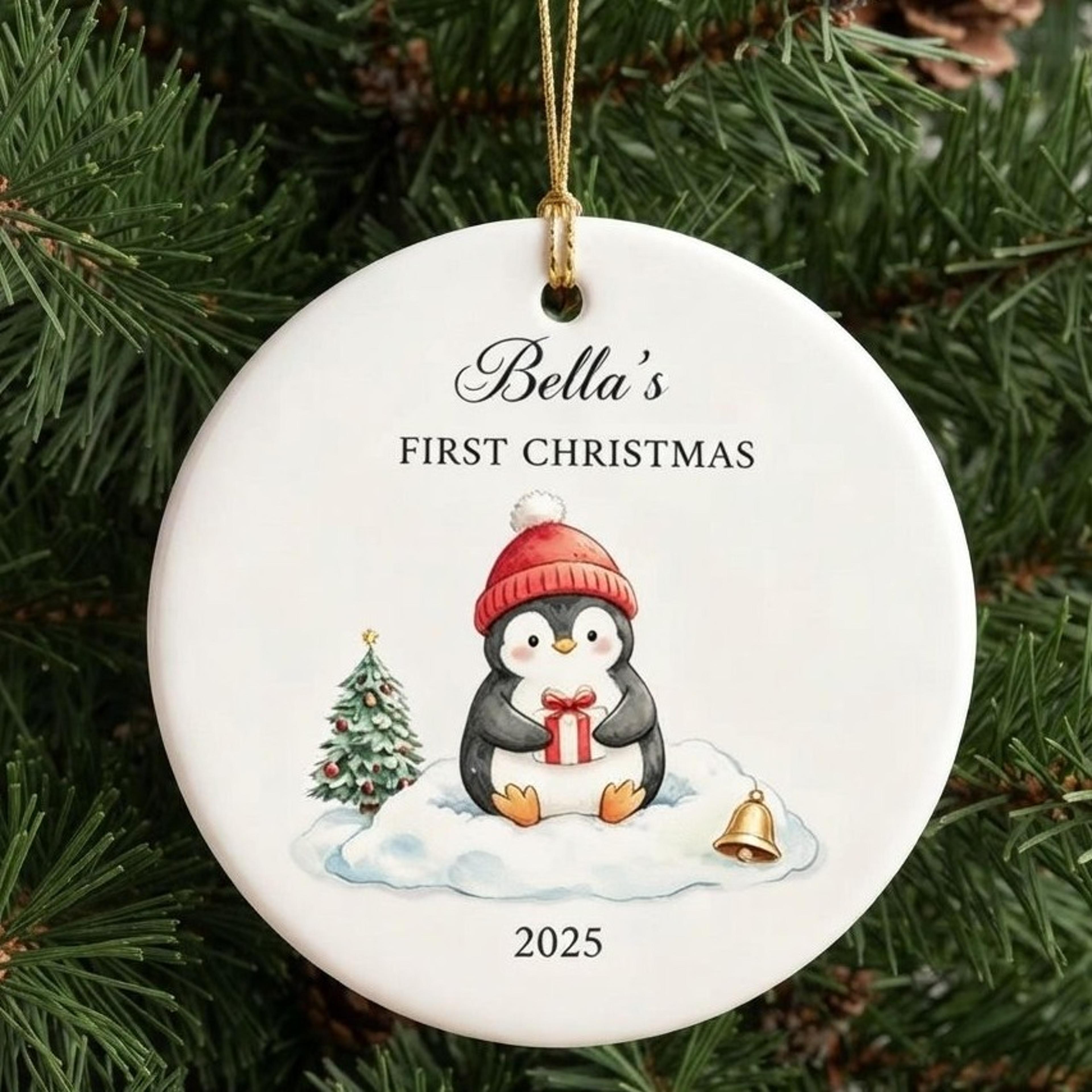 personalized baby first christmas ornament, custom name year penguin keepsake, cute newborn christmas gift 2025