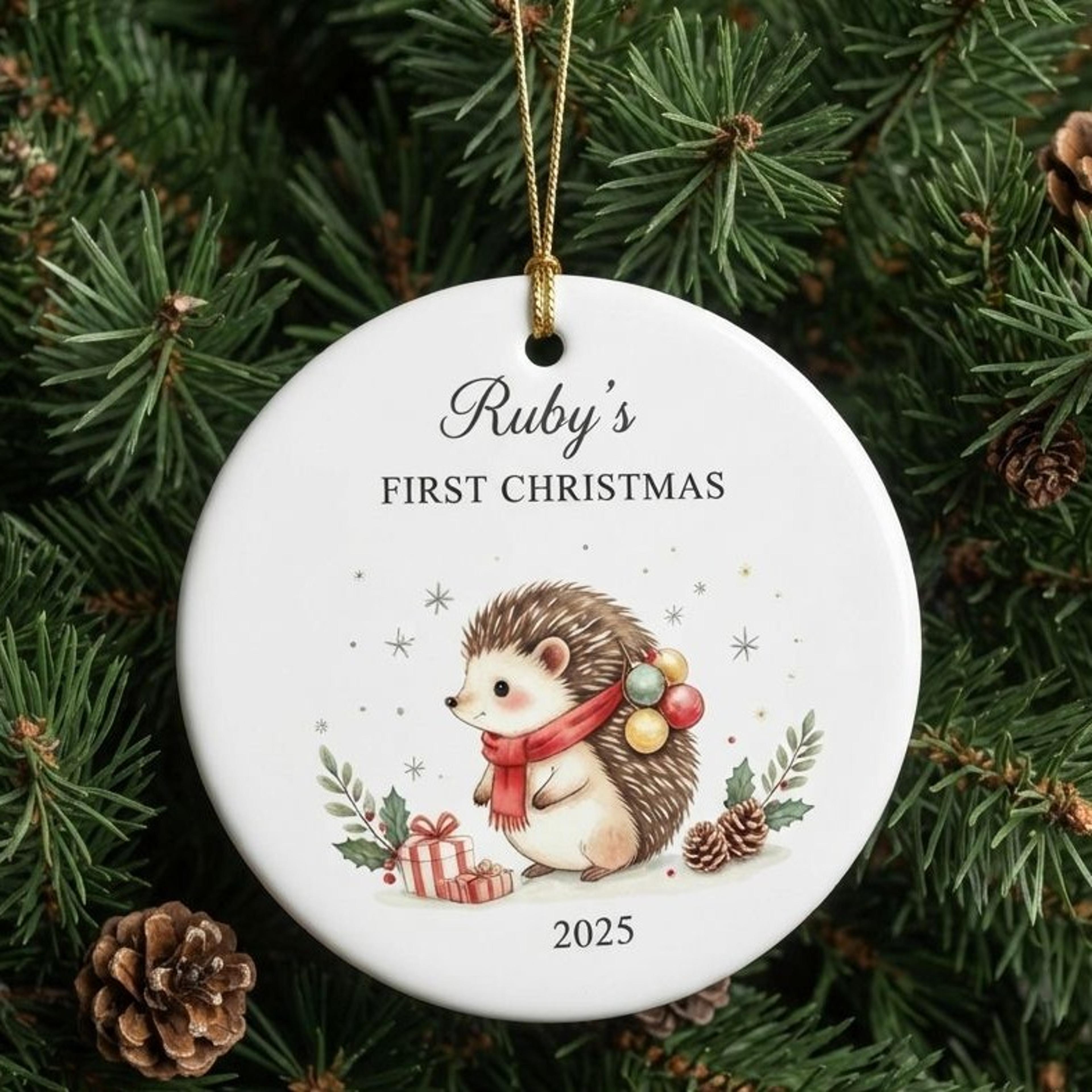 personalized baby first christmas ornament, custom name year hedgehog keepsake, cute newborn christmas gift 2025