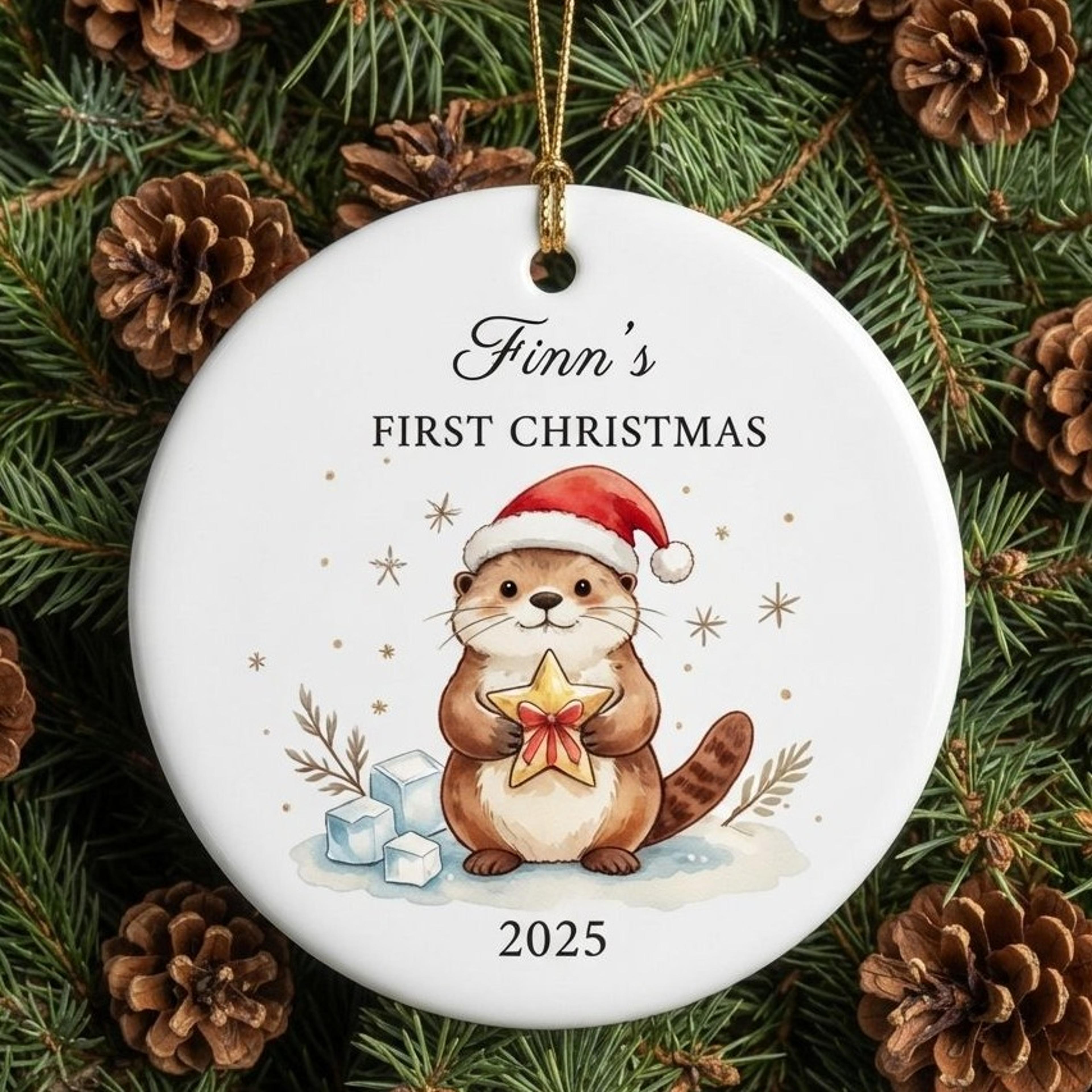 personalized baby first christmas ornament, custom name year otter keepsake, cute woodland christmas gift for baby 2025
