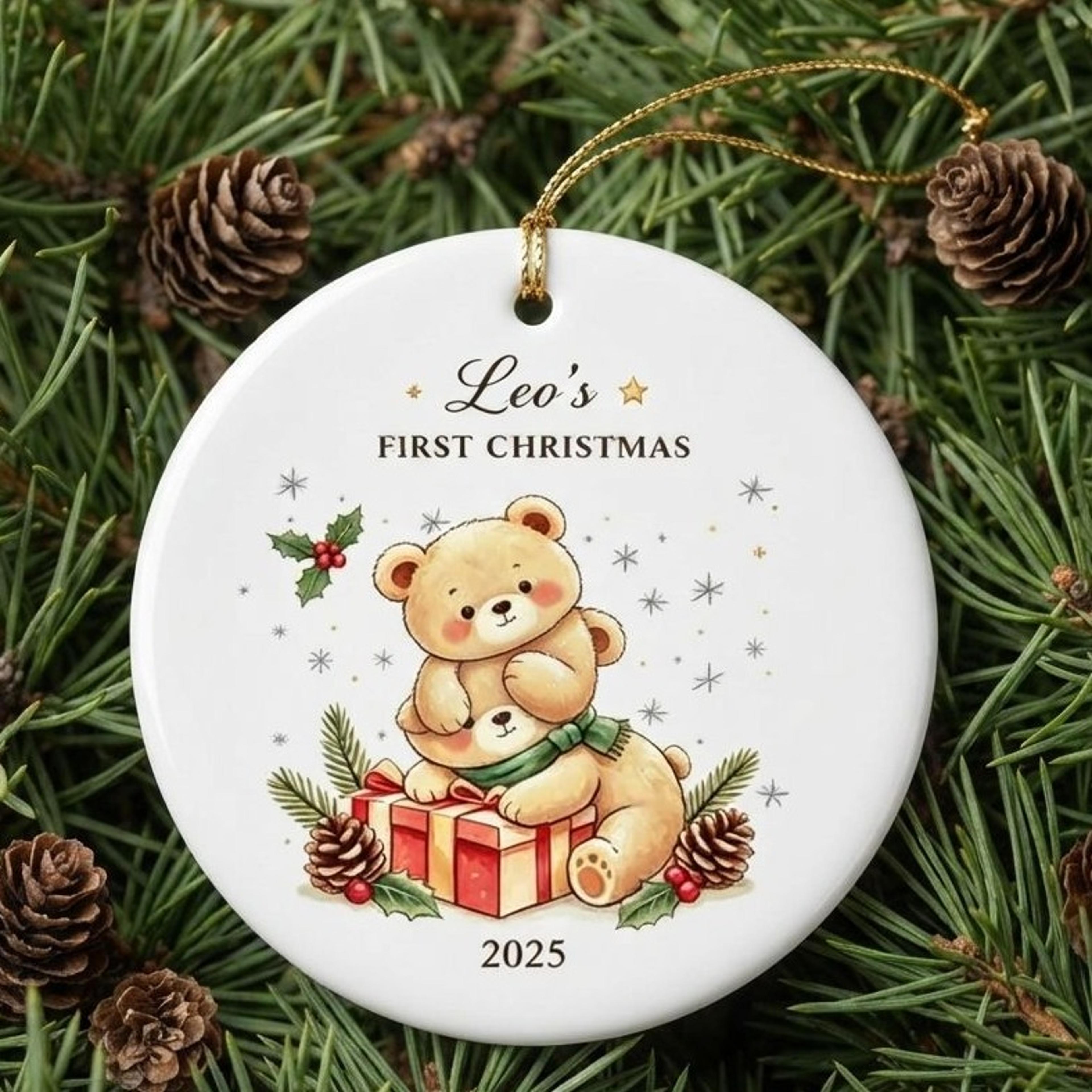 personalized baby first christmas ornament, custom name year teddy bear keepsake, cute baby christmas gift 2025