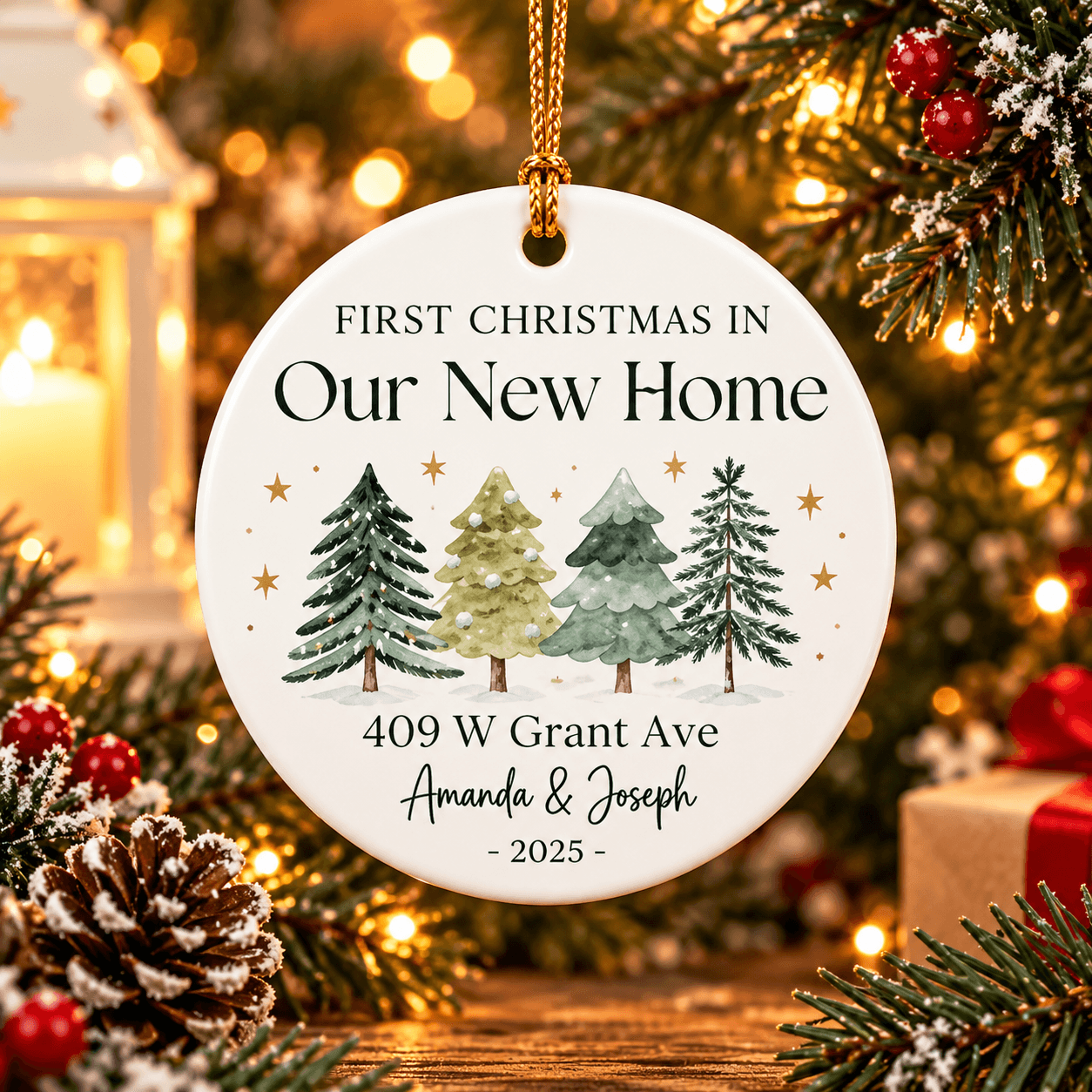 personalized first christmas new home ornament, custom address couple names & year, new house christmas keepsake gift