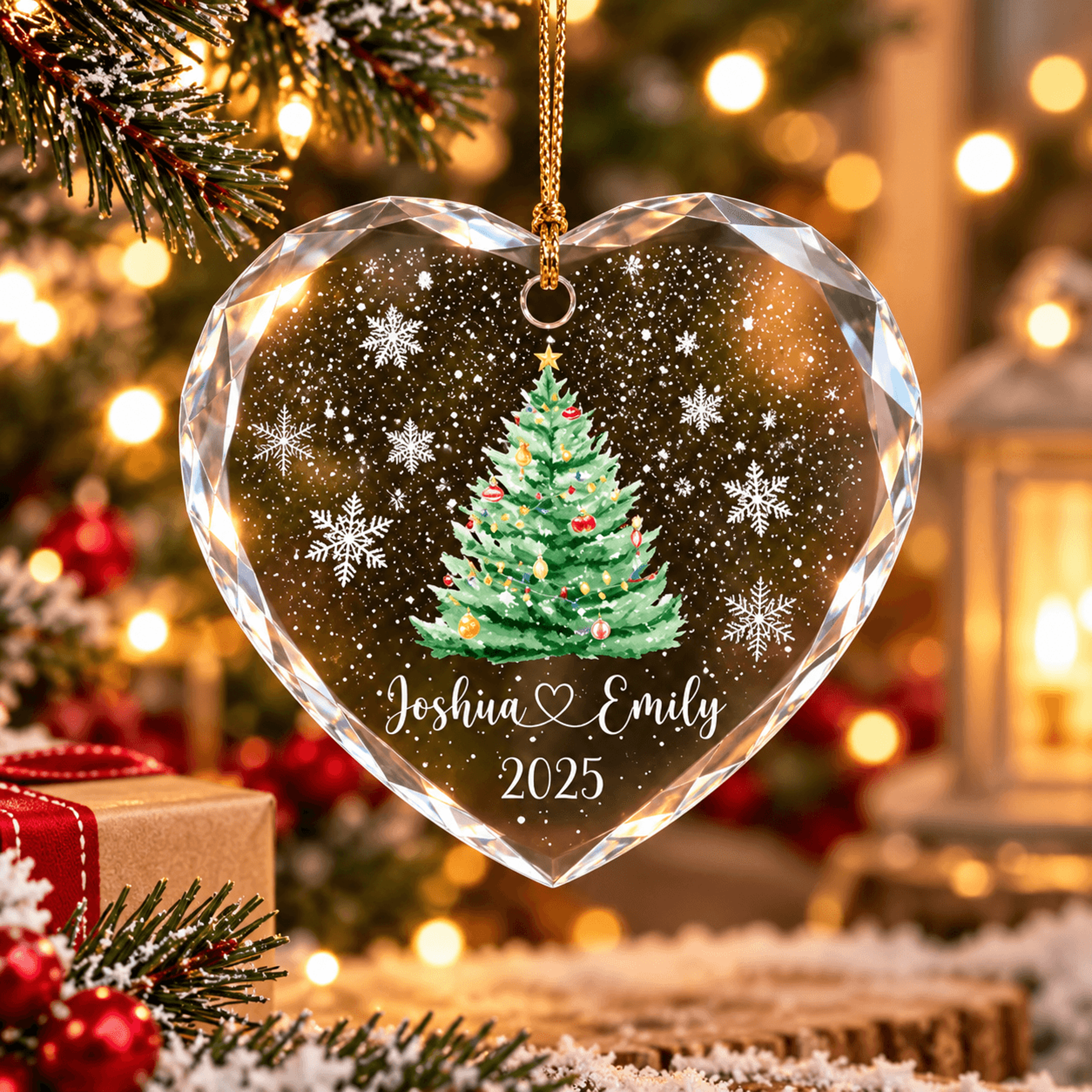 personalized couple christmas ornament, custom heart crystal ornament, christmas tree keepsake, names & year holiday