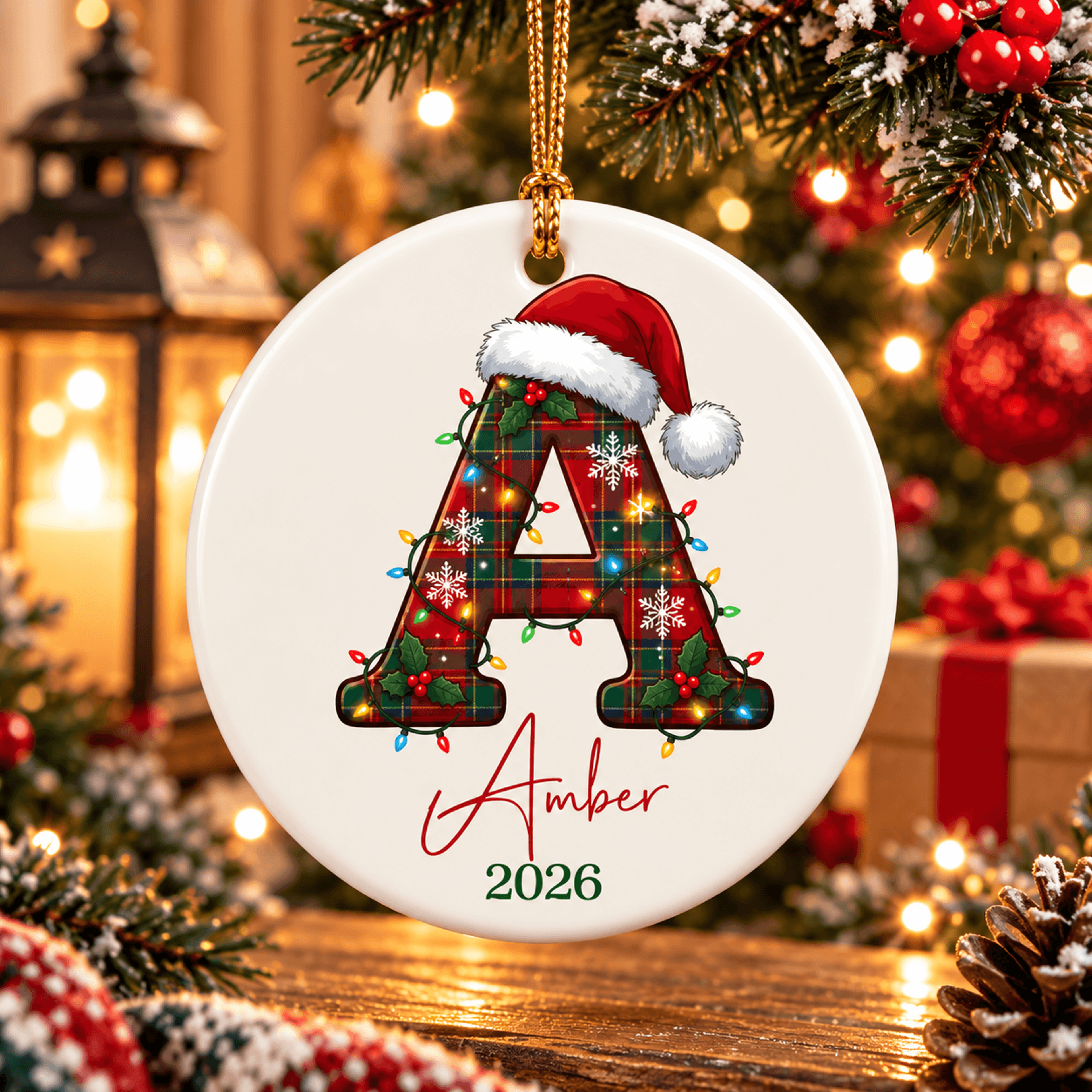 personalized initial christmas ornament, custom name letter ornament, tartan plaid holiday keepsake, christmas gift 2026