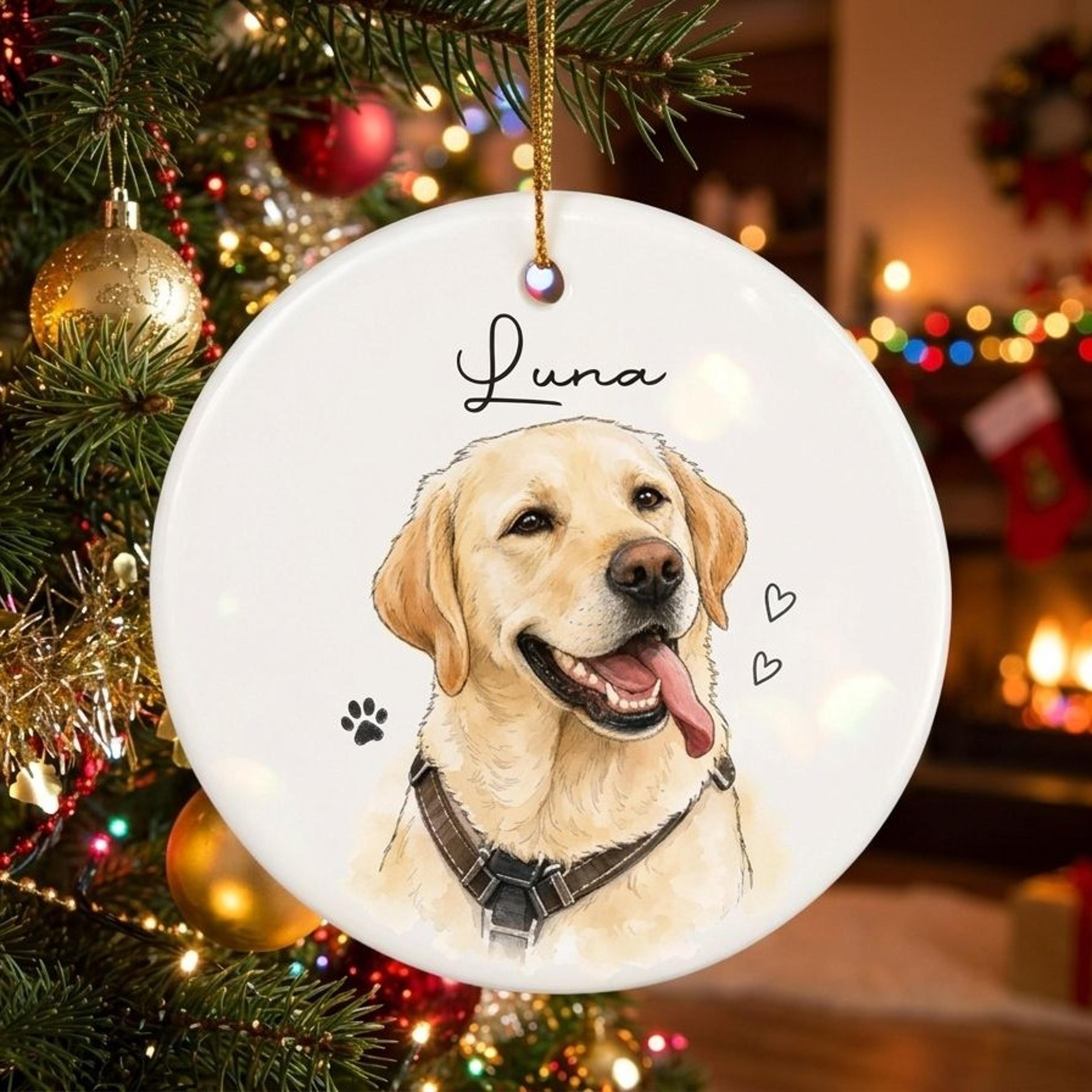 personalized dog christmas ornament, custom pet name ornament, labrador portrait keepsake, dog lover christmas gift