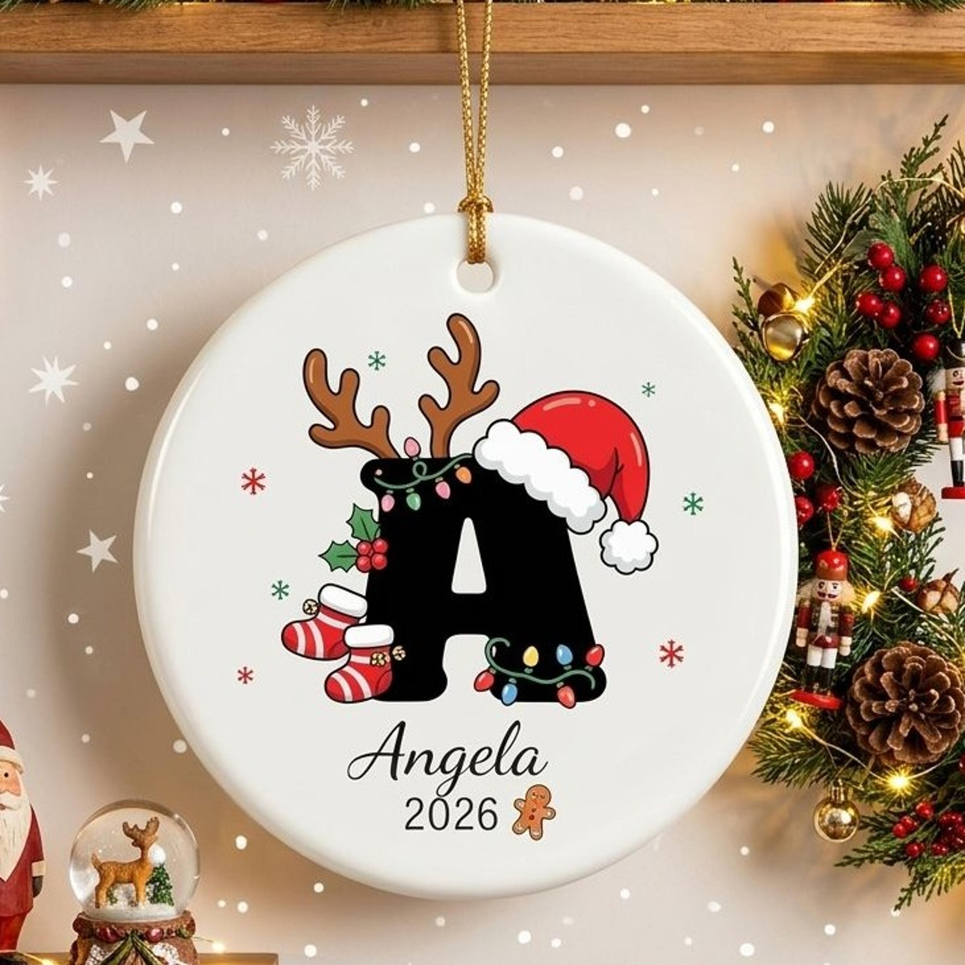 personalized initial christmas ornament, custom name & year monogram ornament, reindeer santa hat holiday keepsake gift