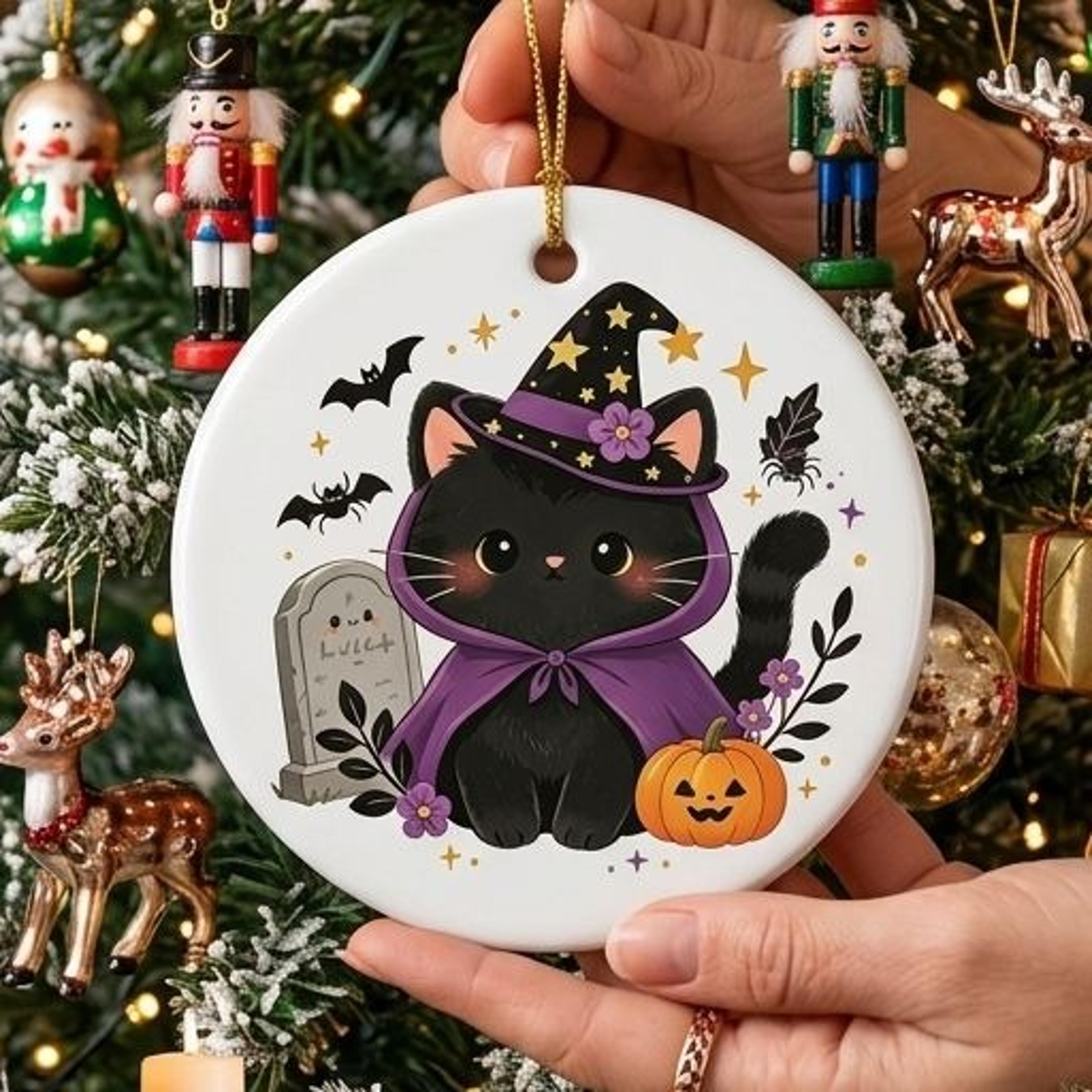 cute black cat witch christmas ornament, halloween christmas tree decoration, spooky cat holiday keepsake, witchy cat