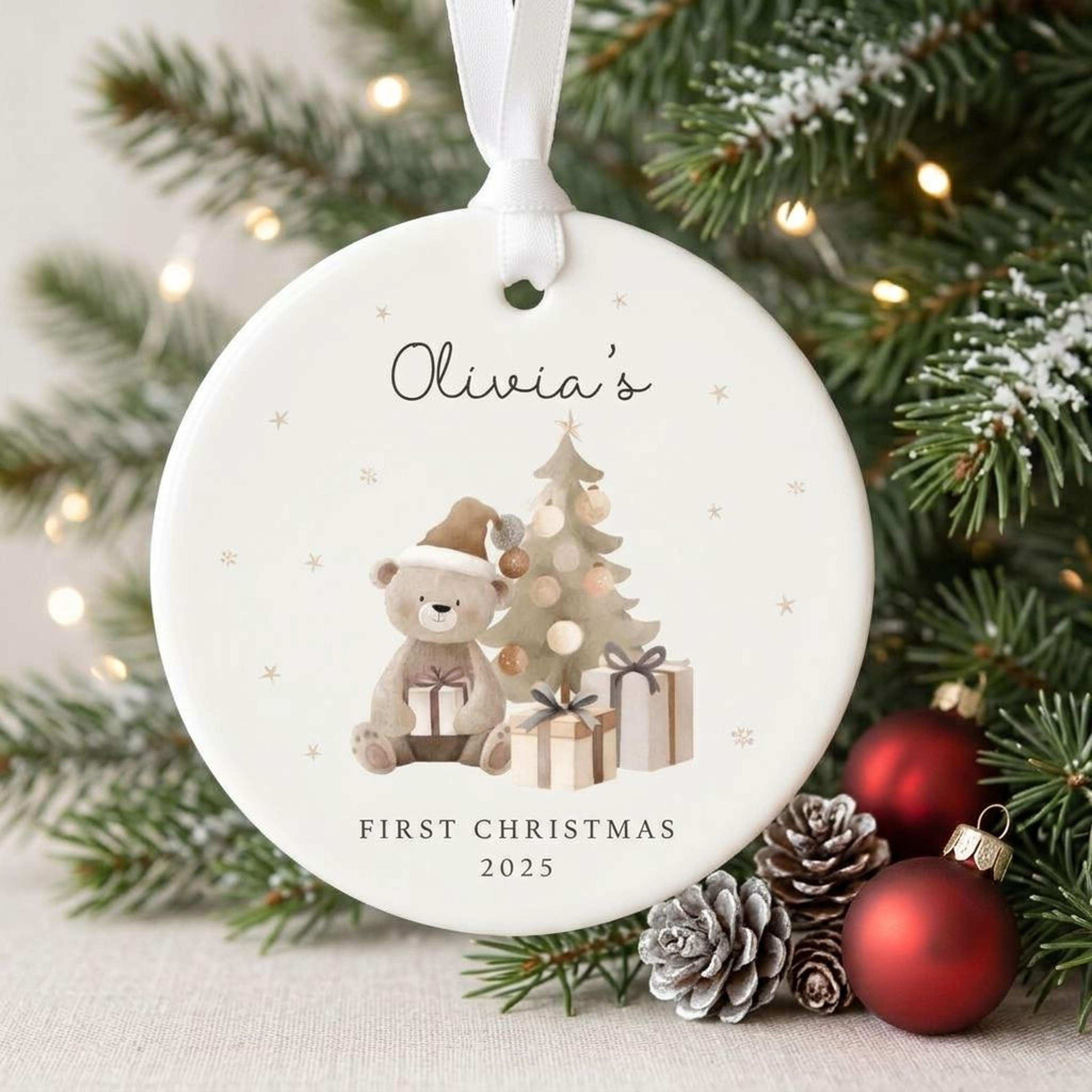 personalized first christmas ornament, custom name & year teddy bear christmas keepsake, baby first christmas gift