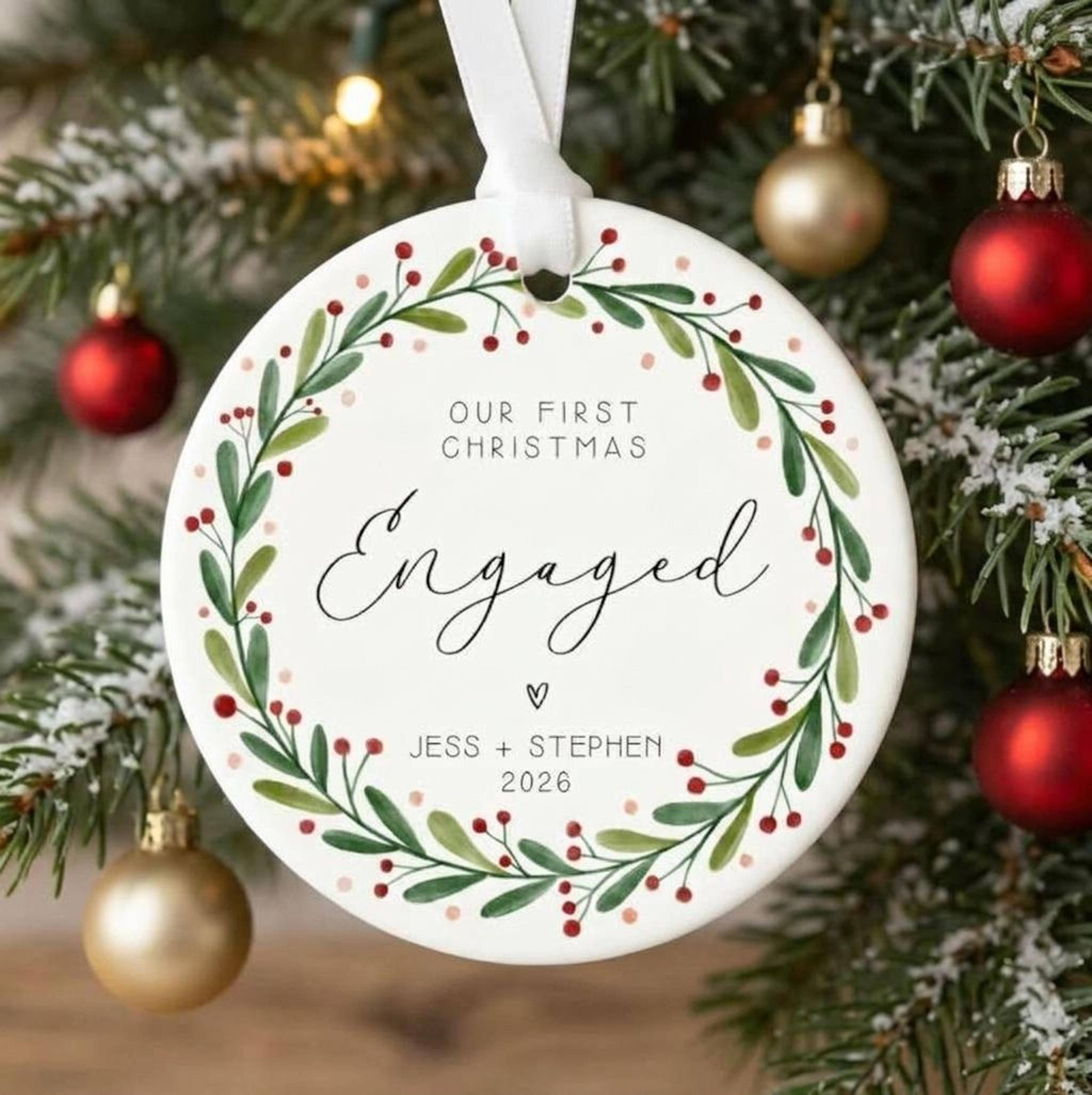 personalized first christmas engaged ornament, custom couple names & year, engagement christmas keepsake gift