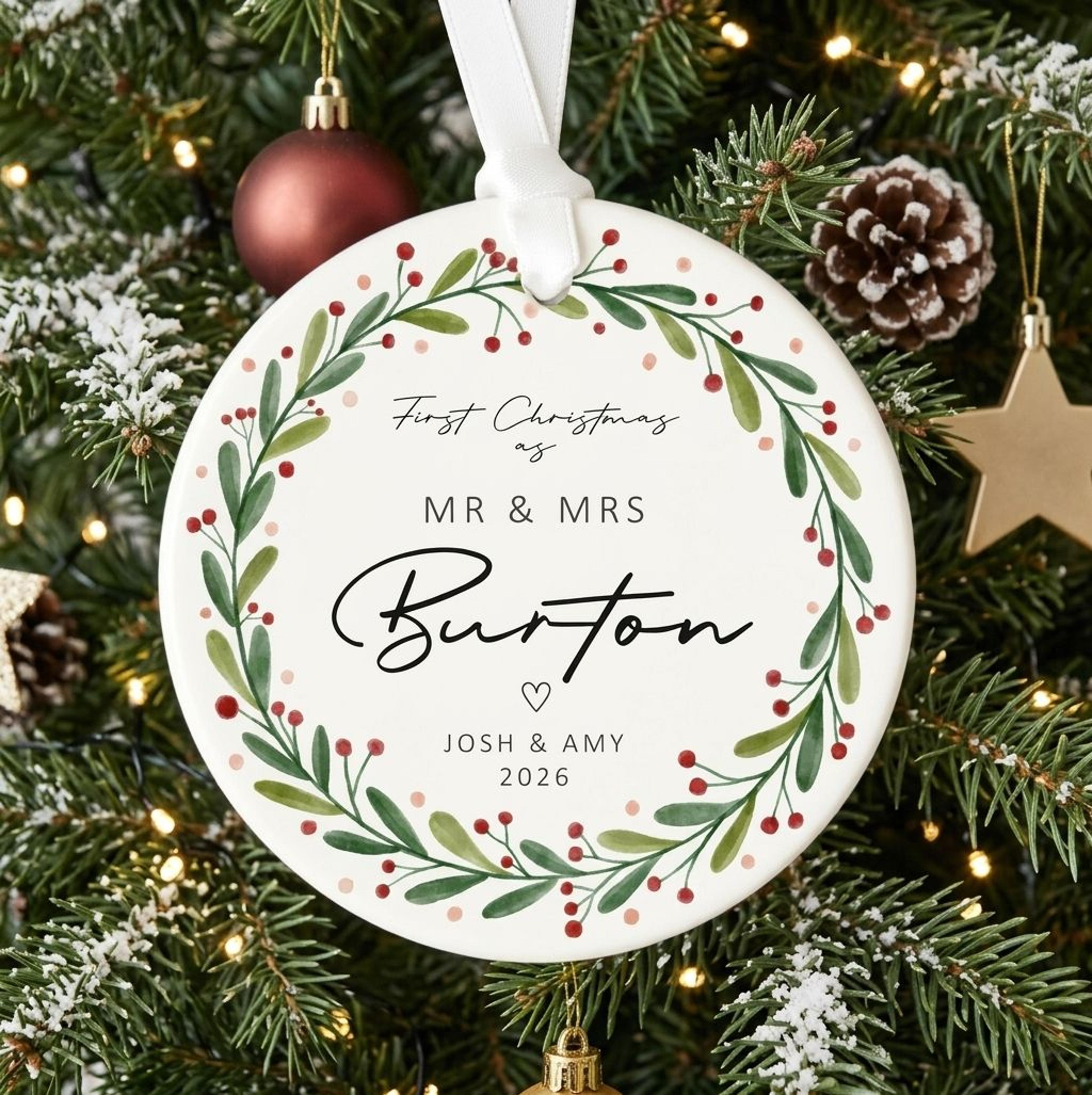 personalized first christmas as mr & mrs ornament, custom couple names & last name, newlywed wedding christmas keepsake