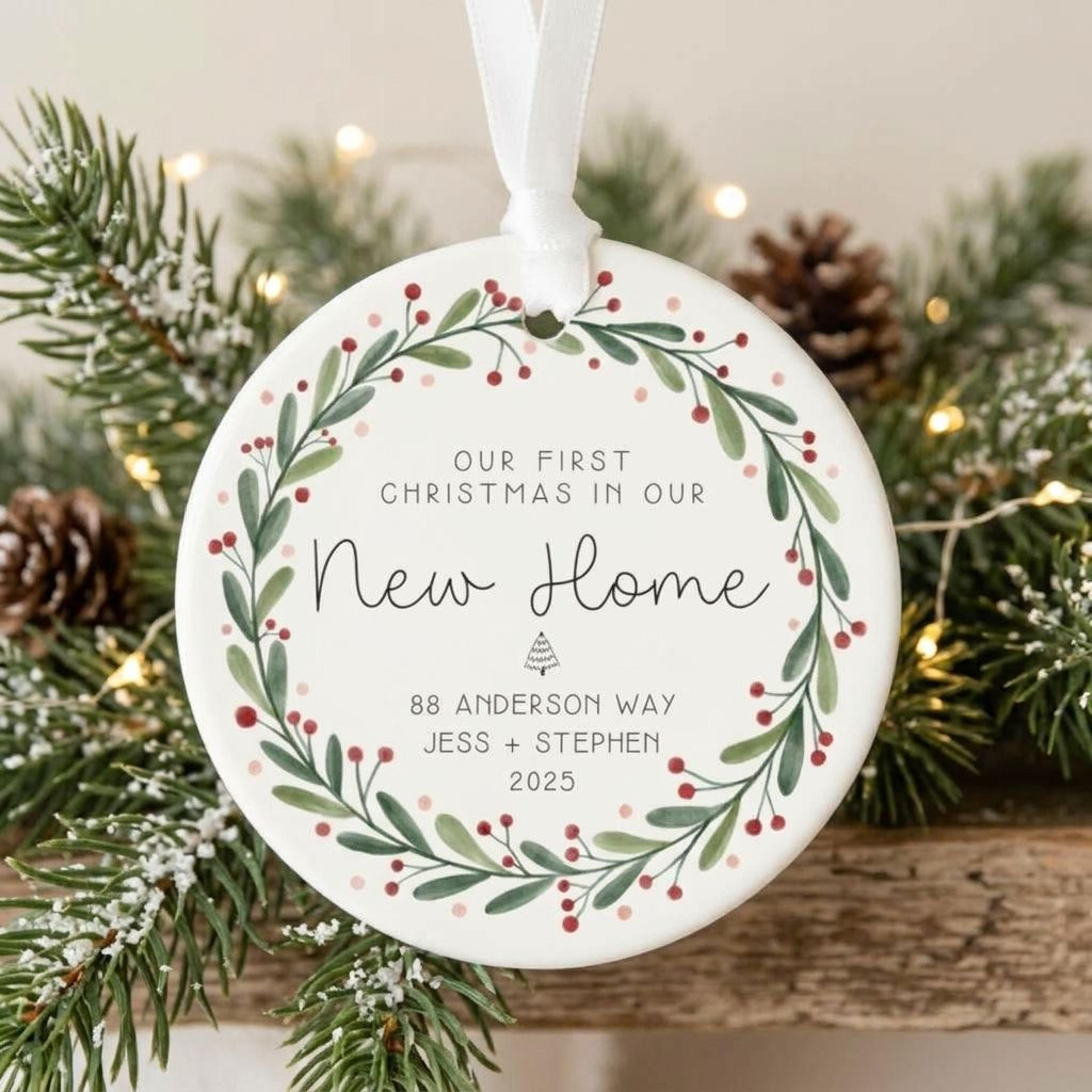 personalized first christmas in new home ornament, custom address & couple names, new home christmas gift, housewarming