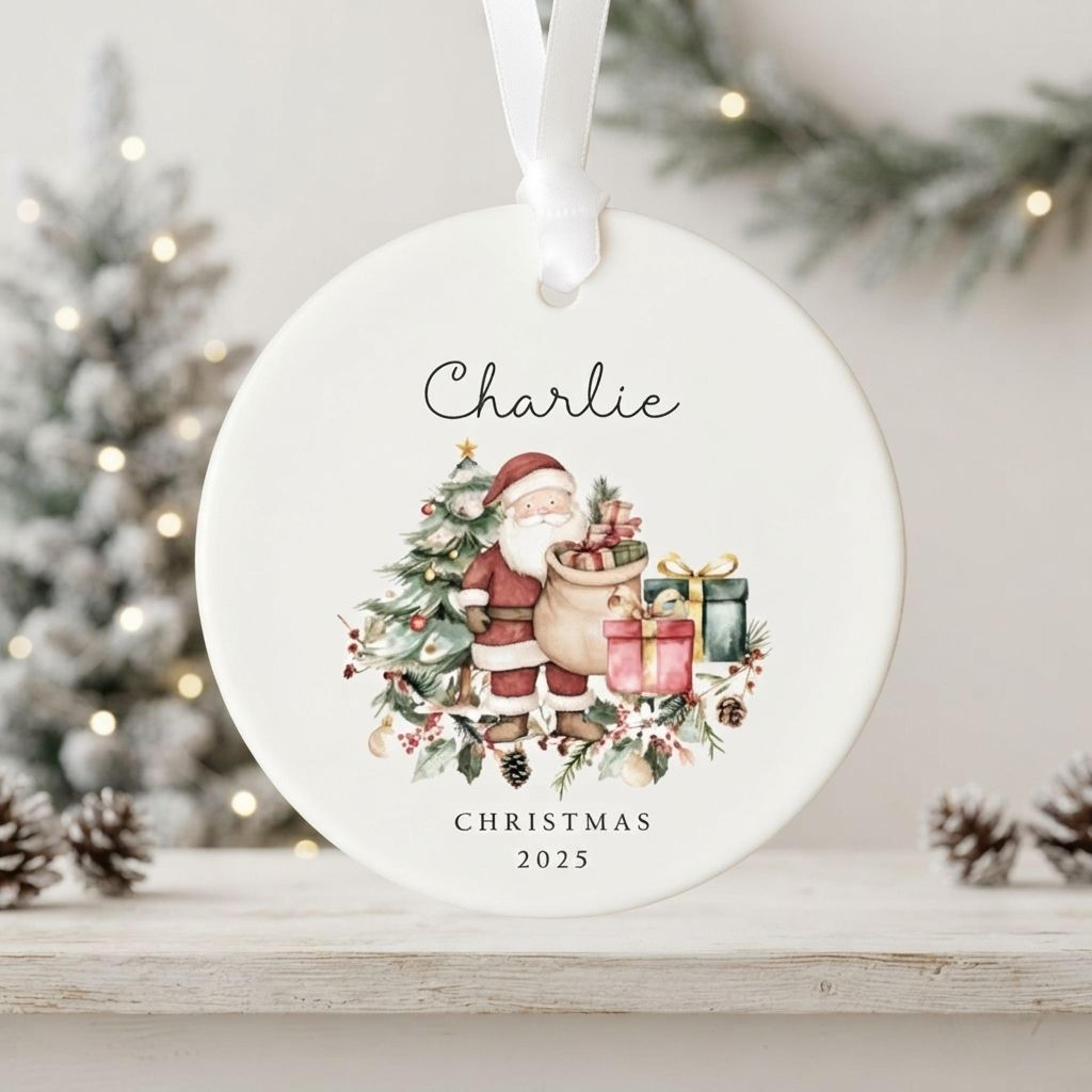 personalized santa christmas ornament, custom name & year ornament, watercolor christmas tree gift, holiday keepsake