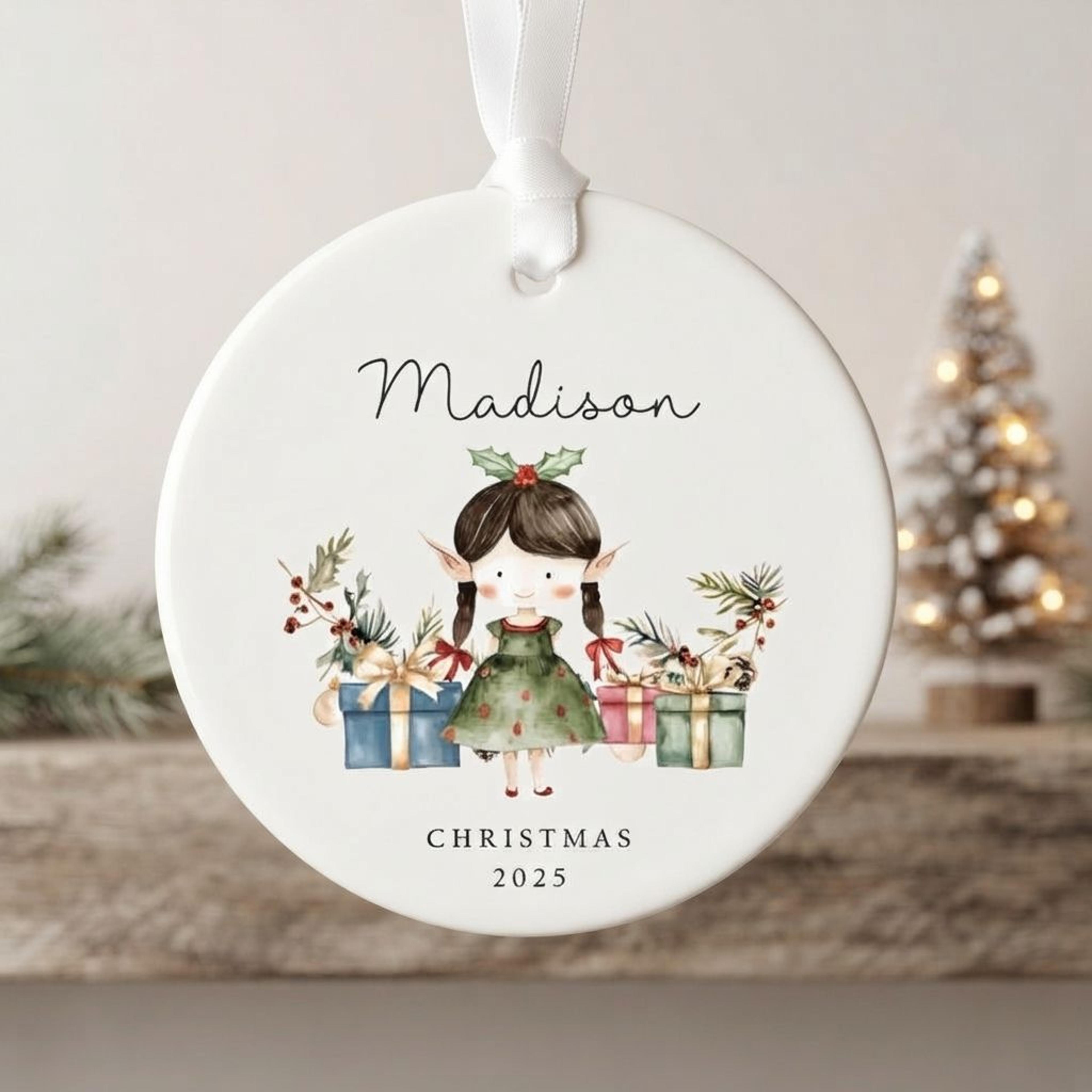 personalized christmas elf ornament, custom girl name christmas keepsake, cute kids holiday tree ornament 2025