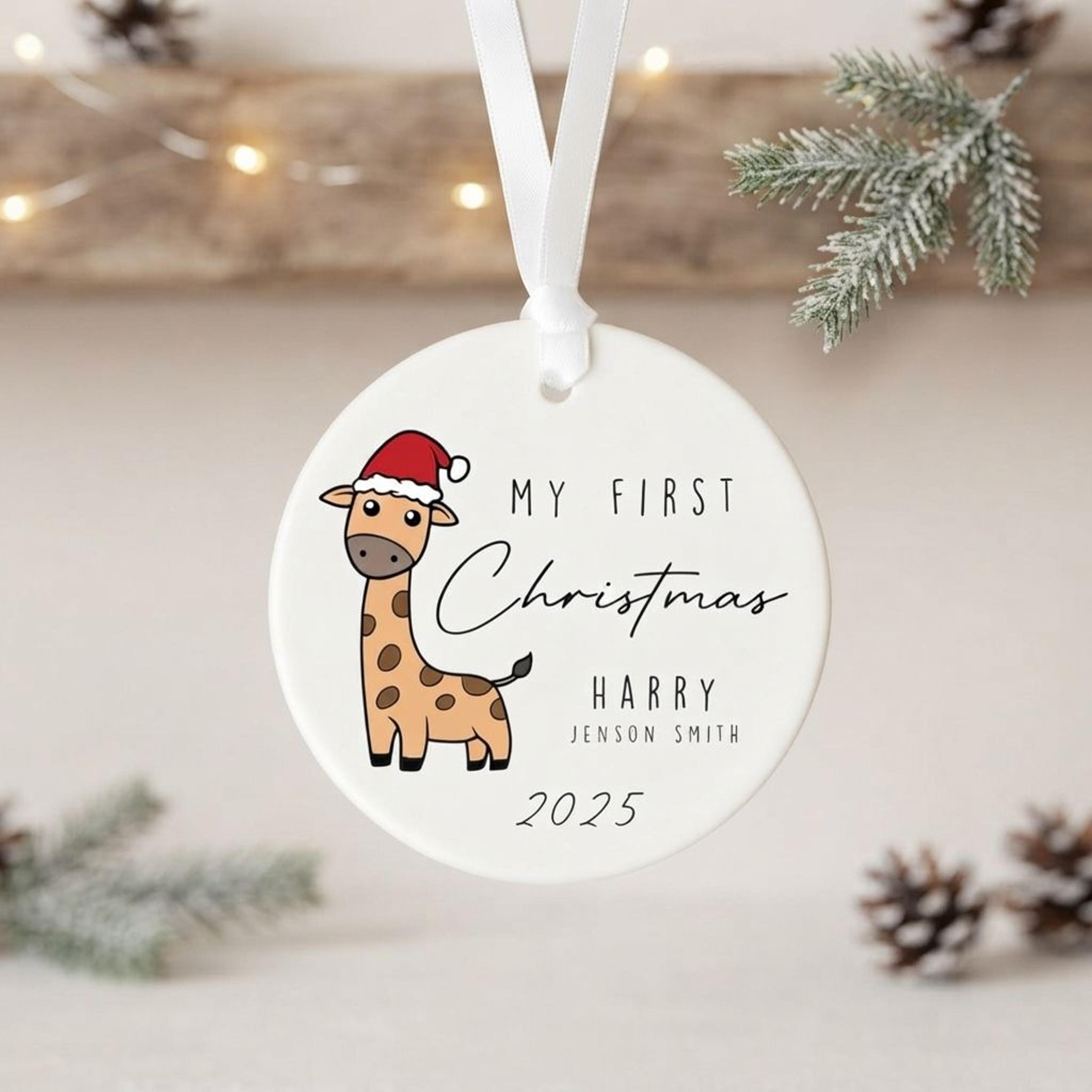 personalized baby first christmas ornament, custom giraffe name keepsake, kids 1st christmas gift 2025
