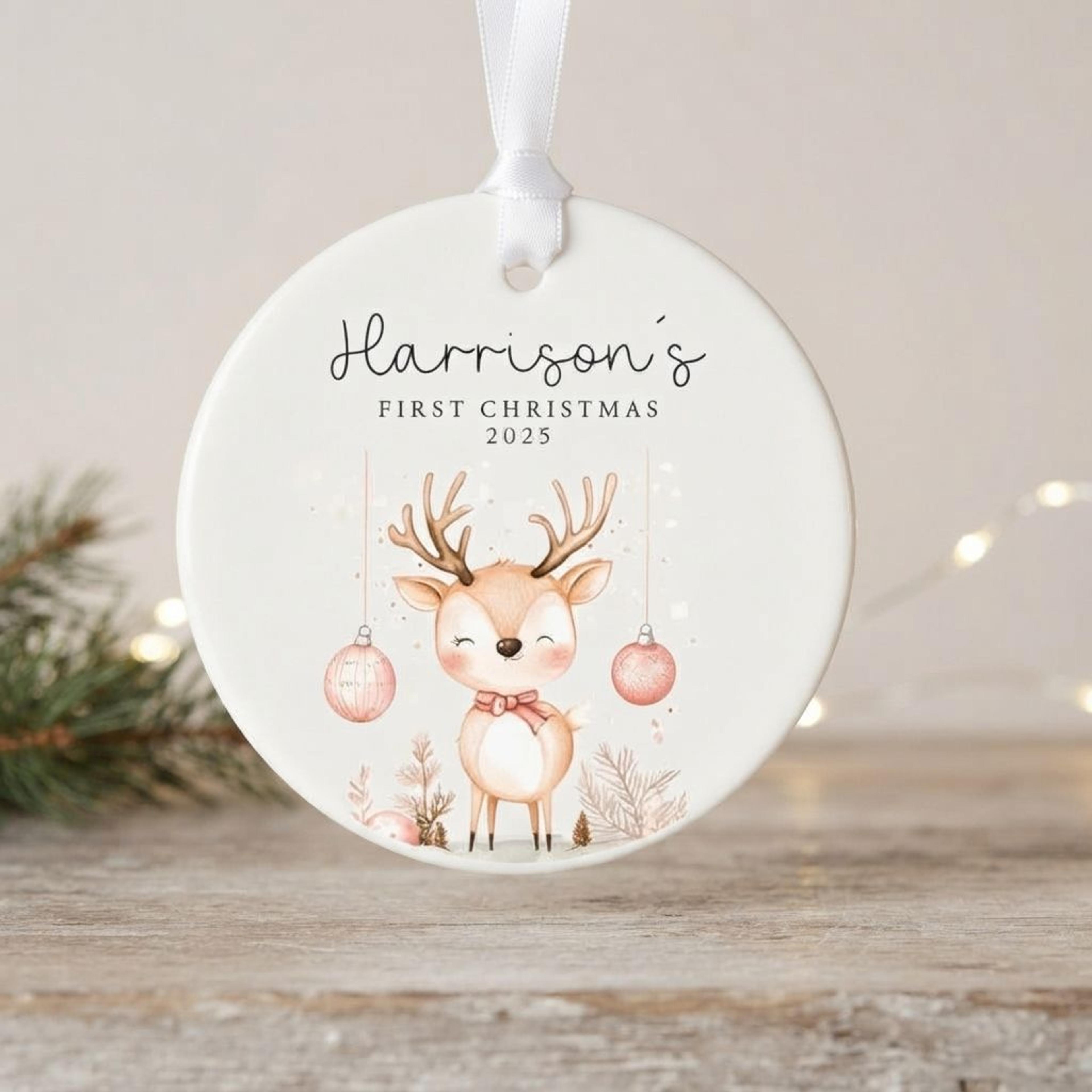 personalized baby first christmas ornament, custom name reindeer keepsake, baby 1st christmas gift 2025
