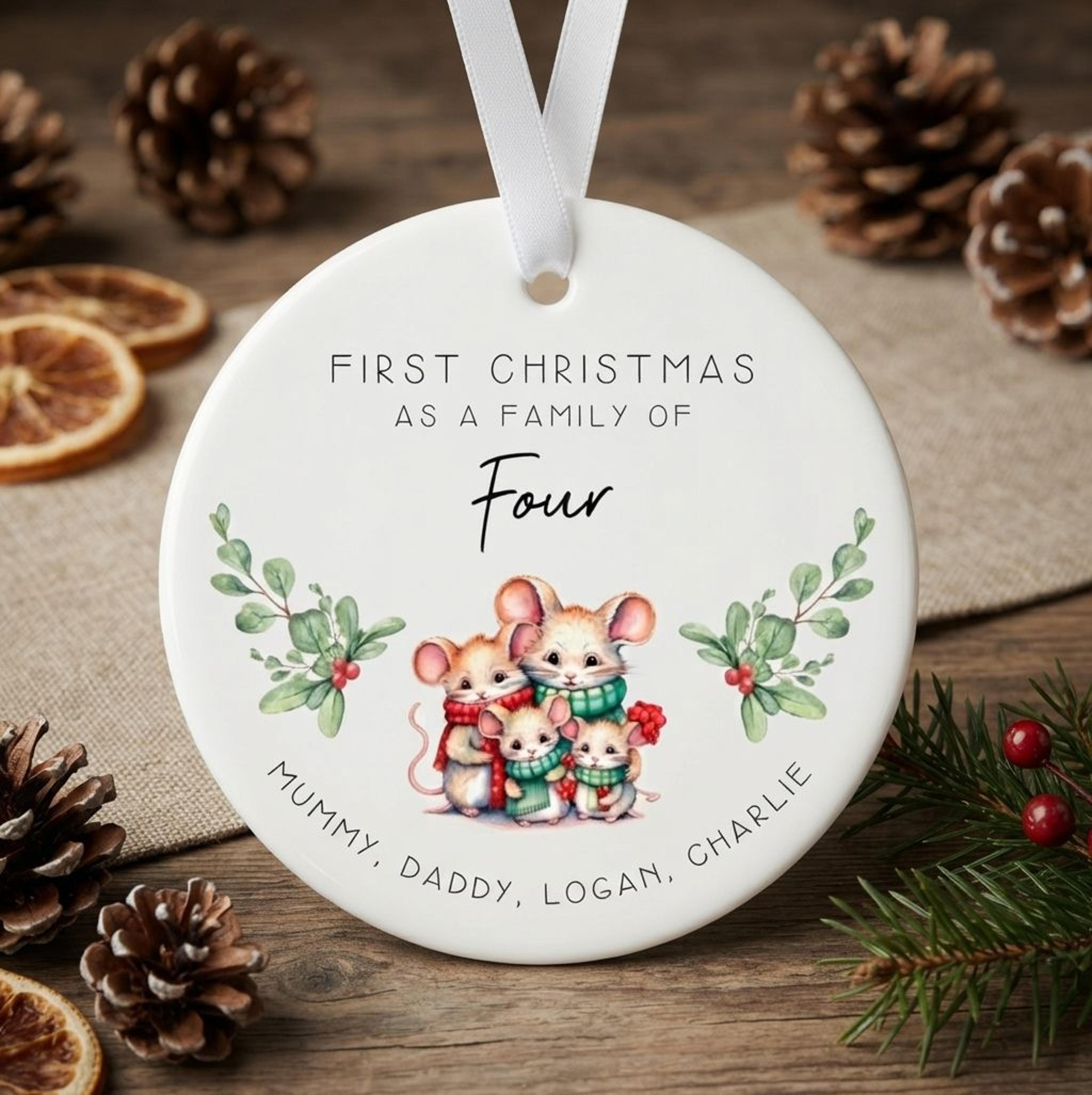 personalized first christmas as a family of four ornament, custom family names mouse christmas keepsake, new baby family