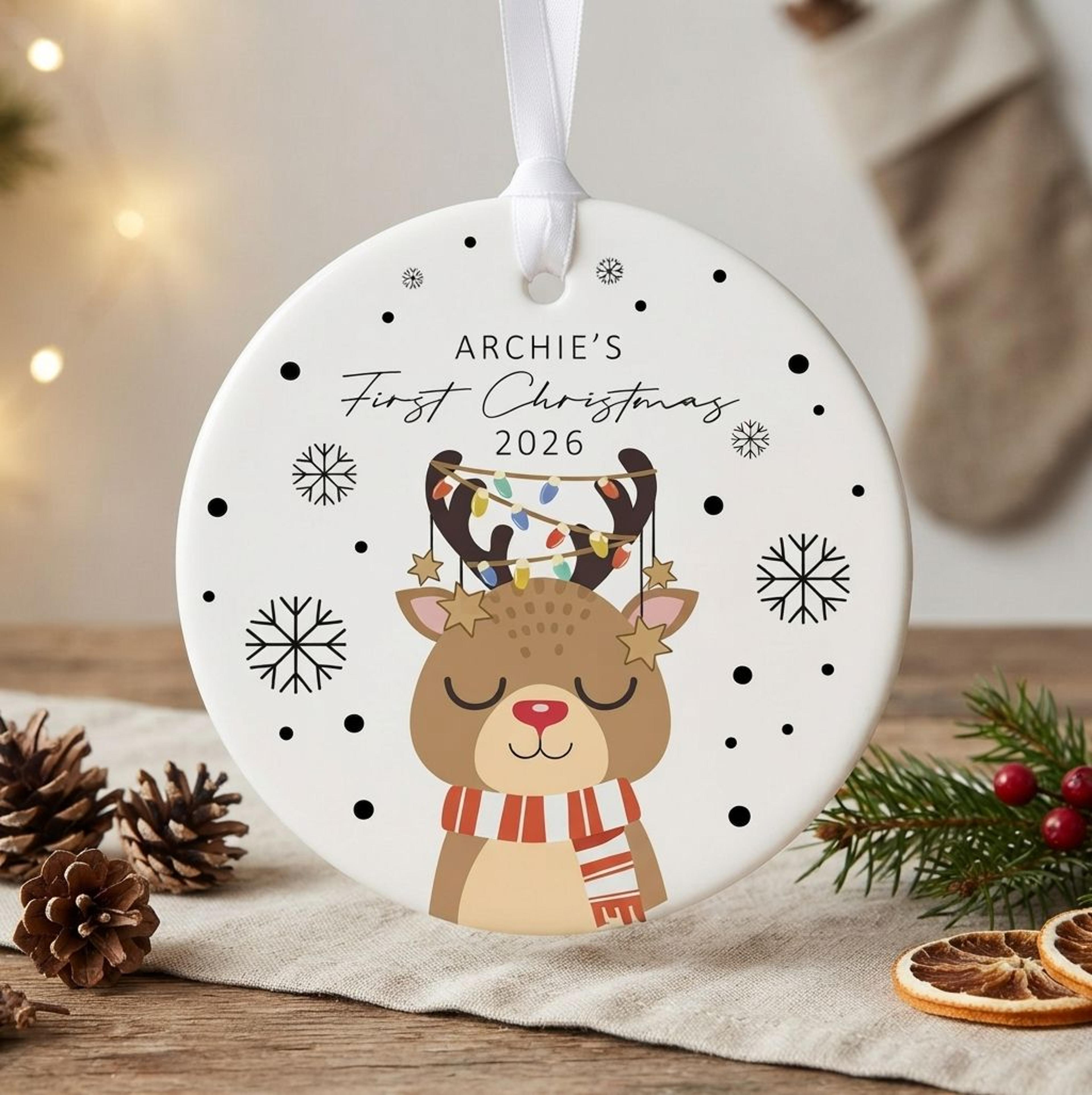 personalized baby's first christmas reindeer ornament 2026, custom name cute deer keepsake, newborn baby christmas tree
