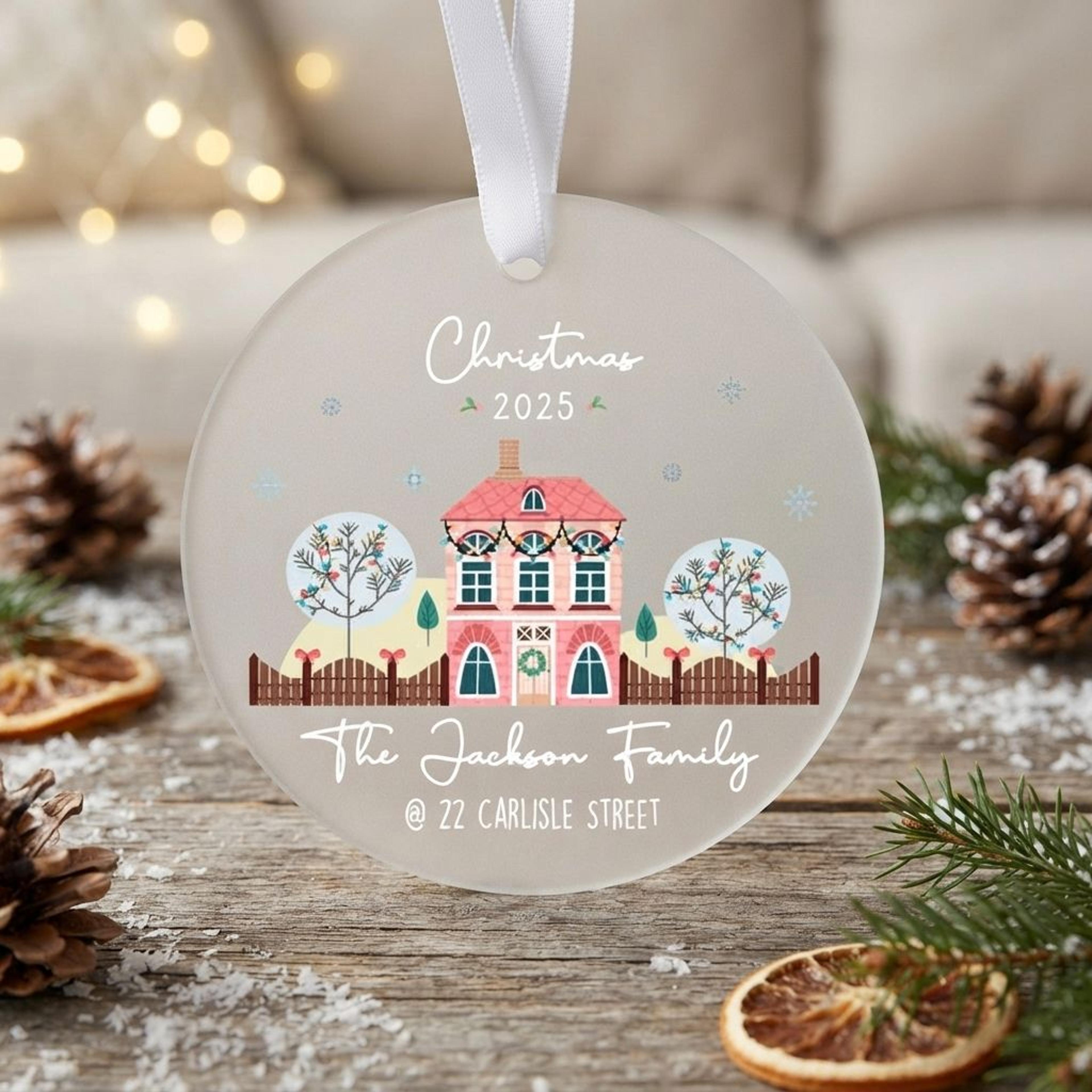 personalized family christmas ornament 2025, custom family name and address, watercolor pink house keepsake, new home