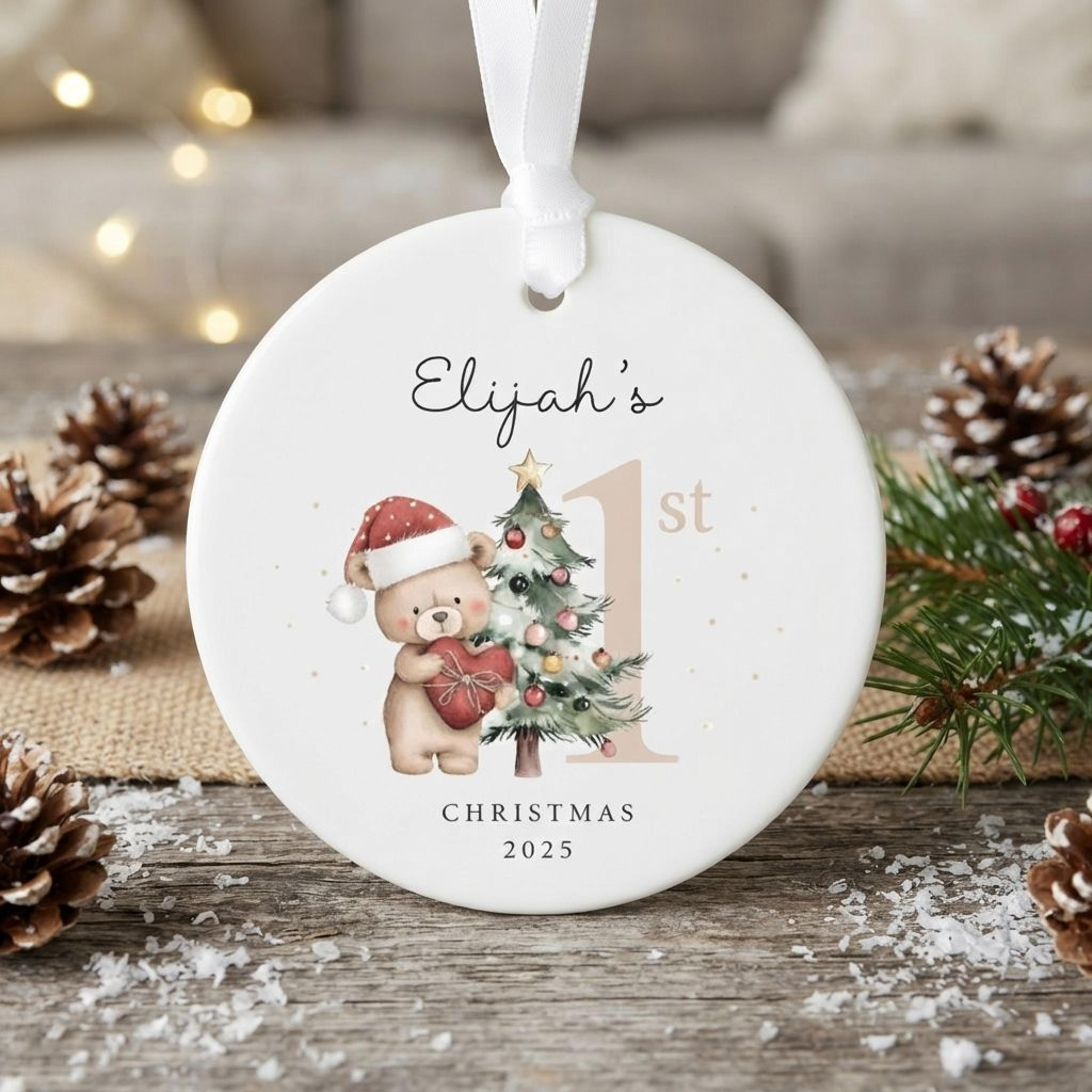 personalized baby first christmas ornament 2025, custom name teddy bear christmas tree decoration, baby's 1st xmas keeps