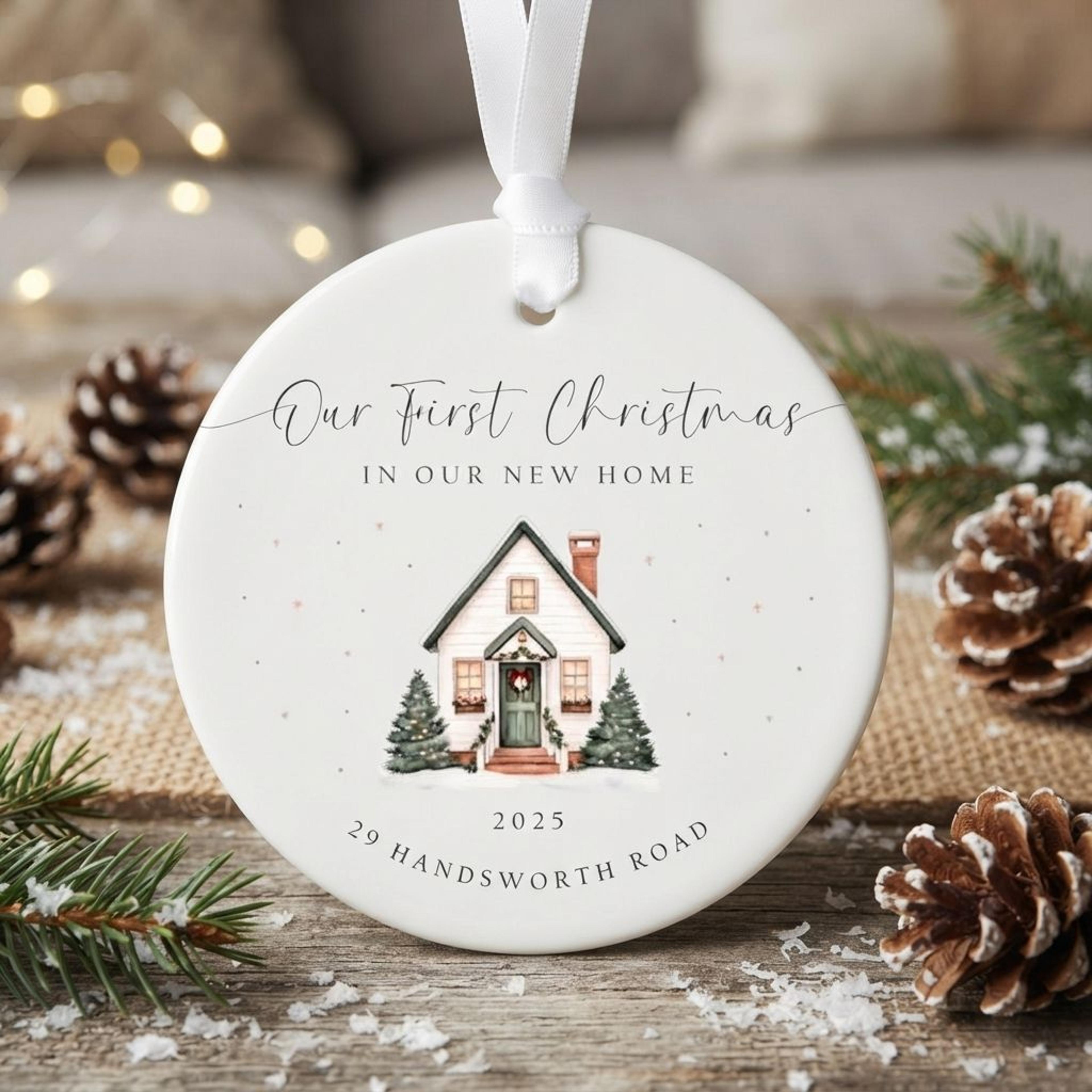 personalized first christmas in our new home ornament 2025, custom address housewarming gift, new home christmas tree