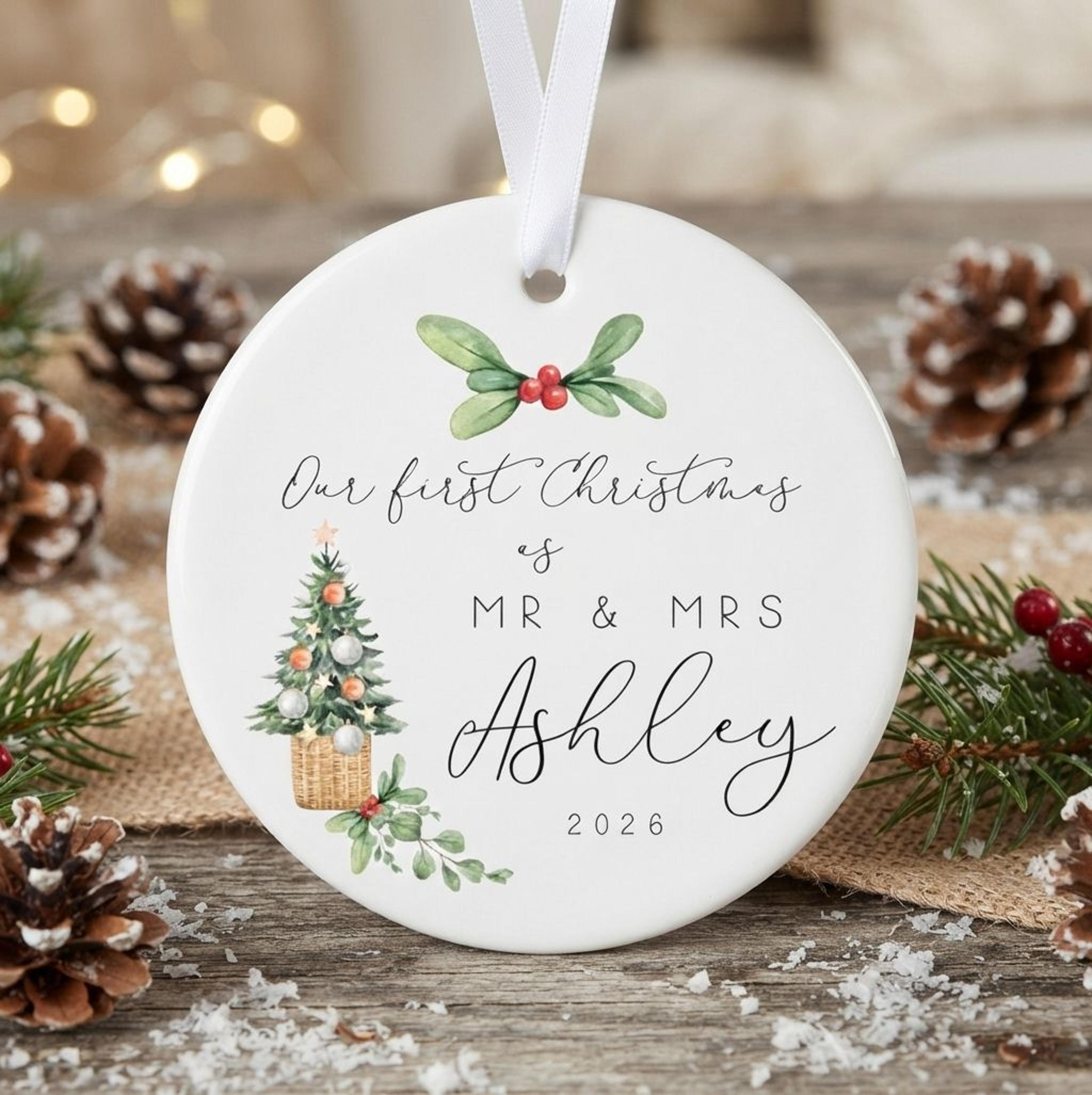 personalized first christmas as mr and mrs ornament, custom last name wedding christmas gift, newlywed keepsake 2026