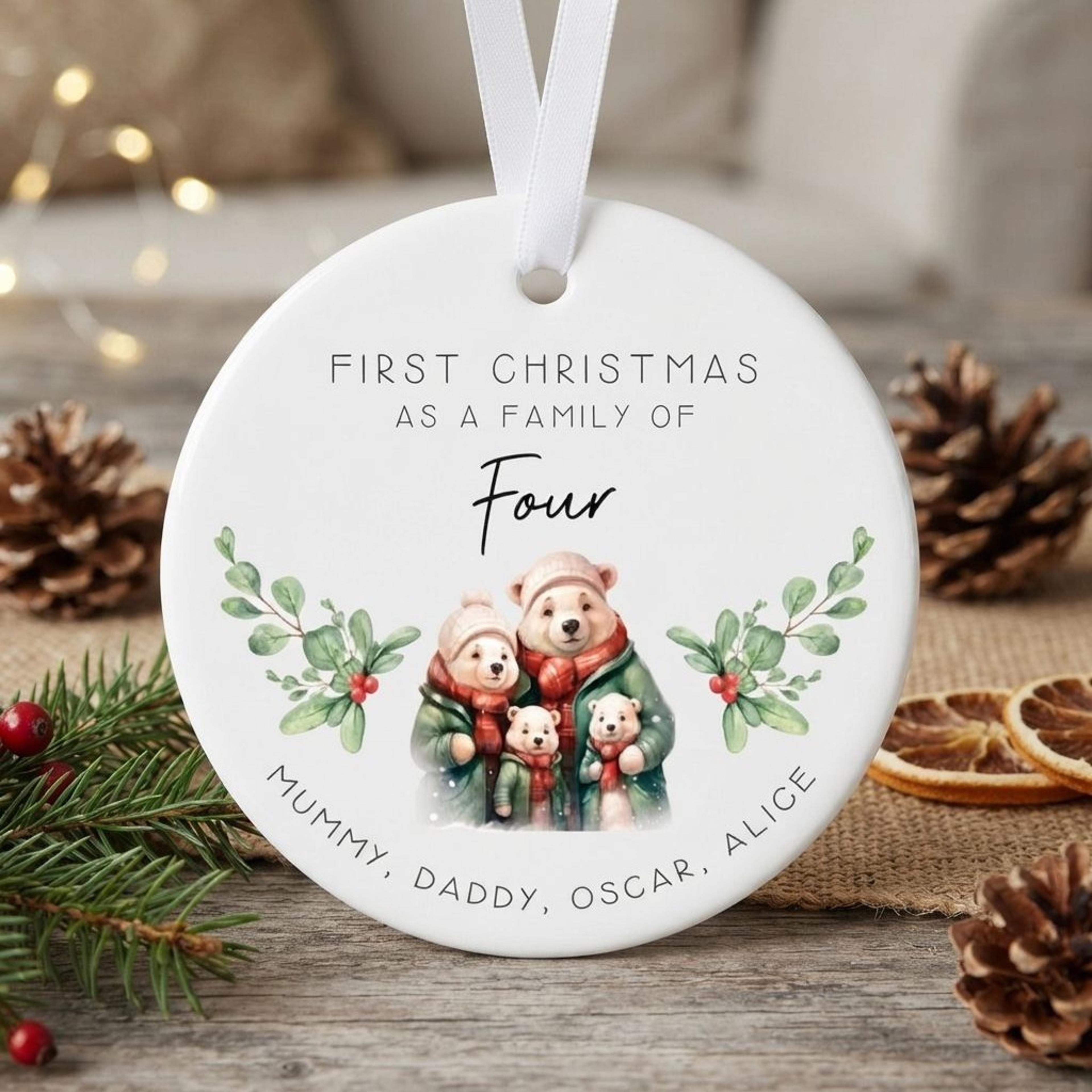 personalized first christmas family of four ornament, custom family names bear christmas keepsake, new baby gift