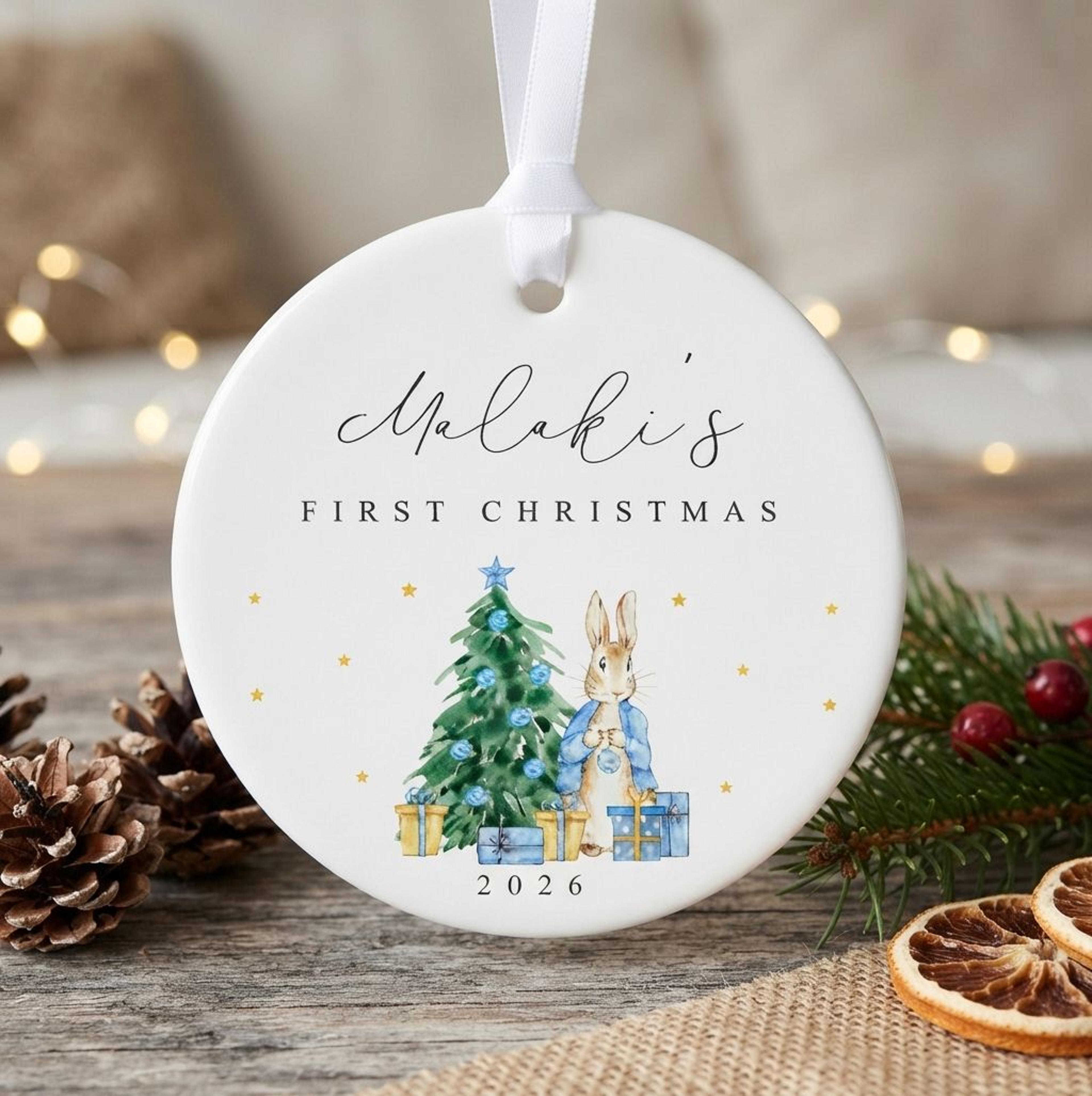 personalized baby first christmas ornament 2026, custom name bunny rabbit christmas keepsake, woodland holiday gift