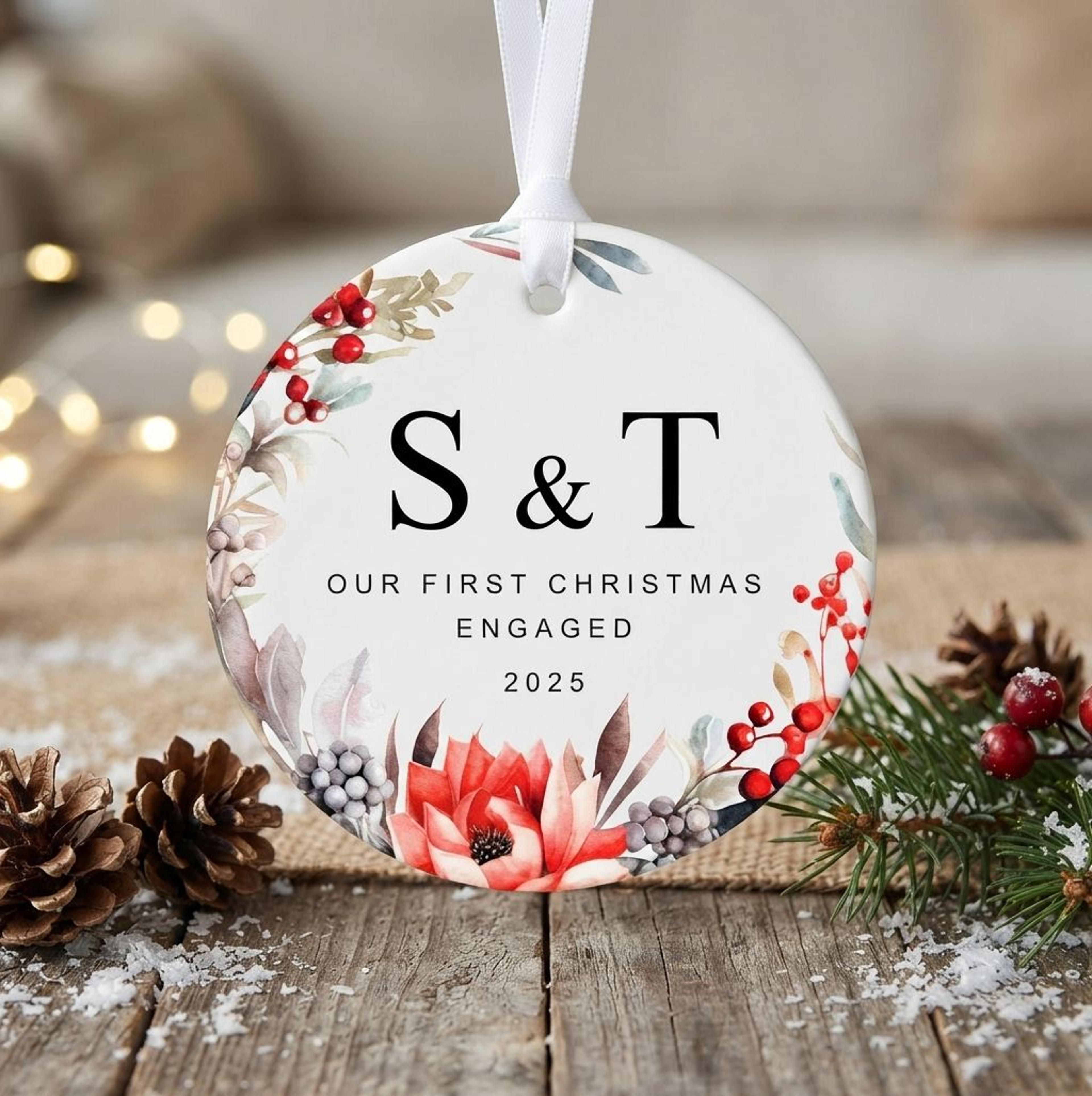 personalized first christmas engaged ornament 2025, custom couple initials engagement gift, floral xmas keepsake for