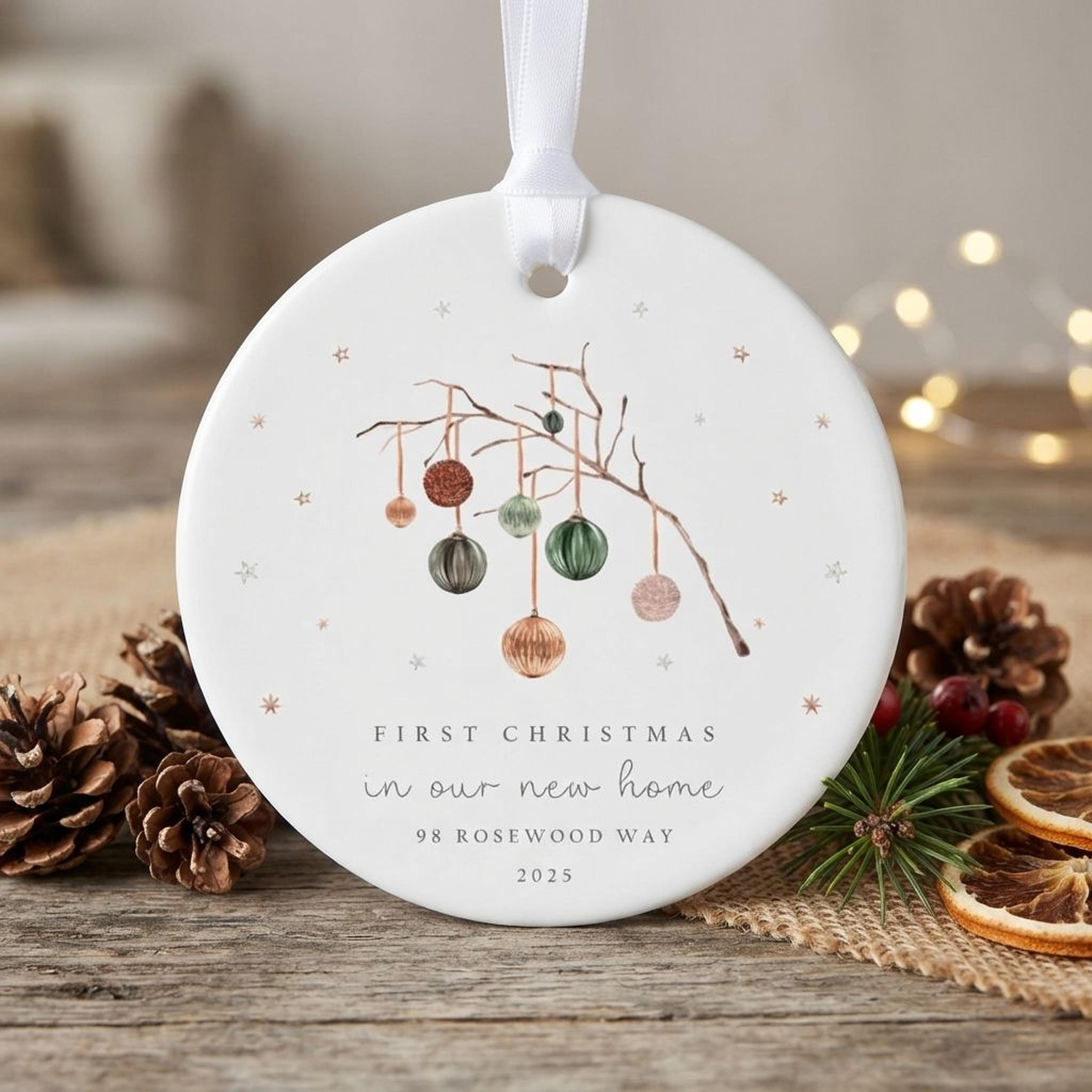 personalized first christmas new home ornament 2025, custom address housewarming gift, rustic bauble christmas tree