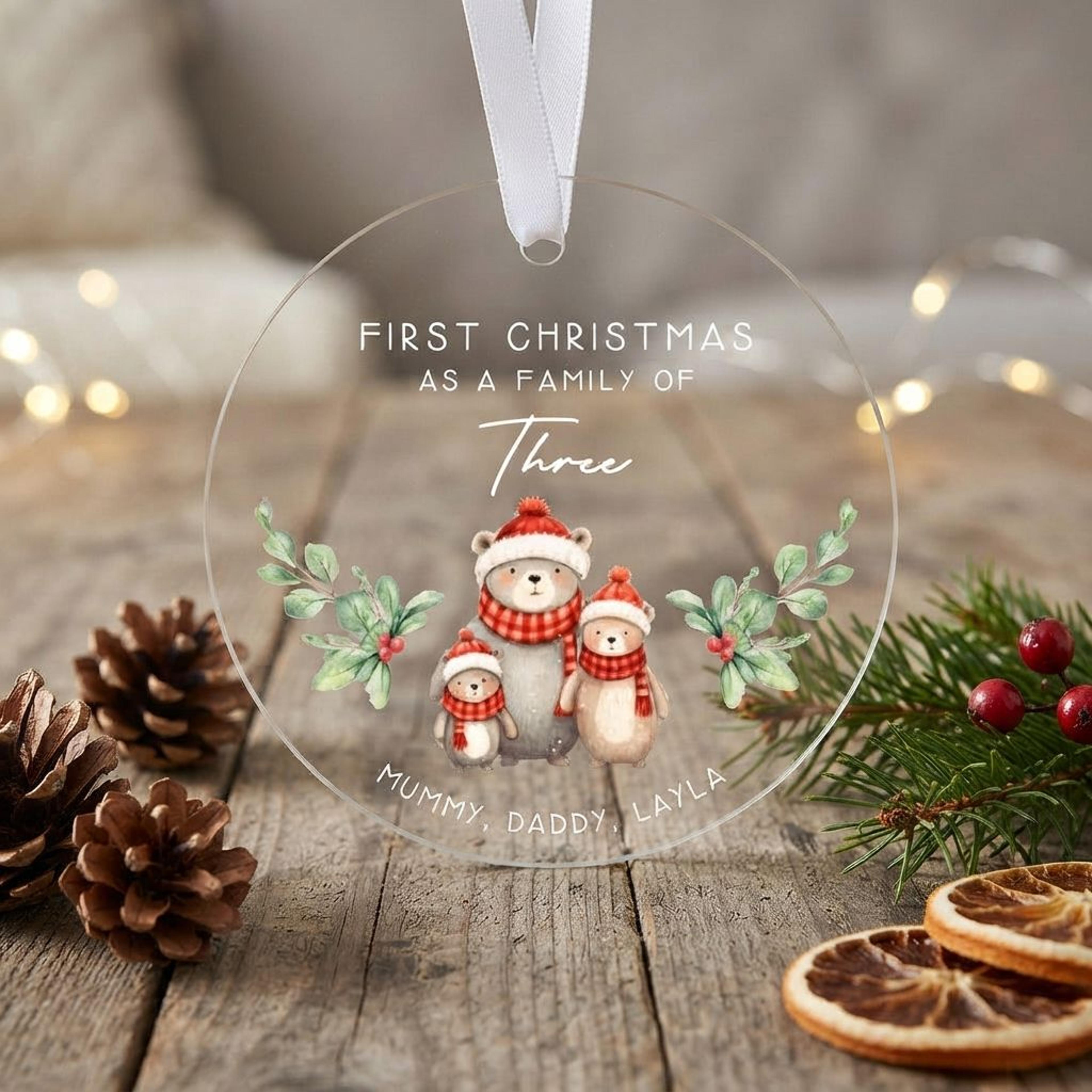 personalized first christmas family of three ornament, custom family names polar bear xmas keepsake, new baby holiday