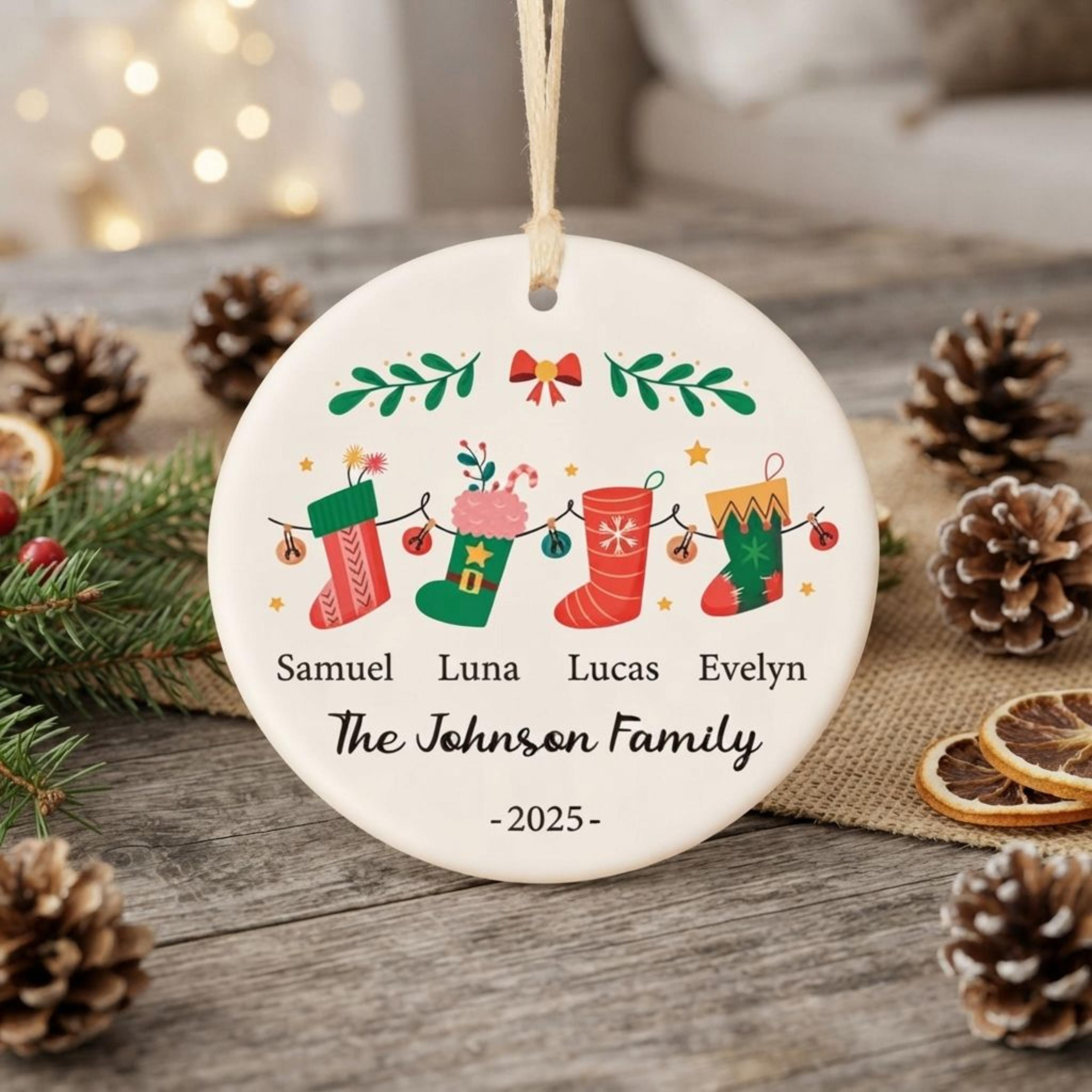 personalized family christmas ornament 2025, custom 4 names stocking xmas tree decoration, family name holiday keepsake
