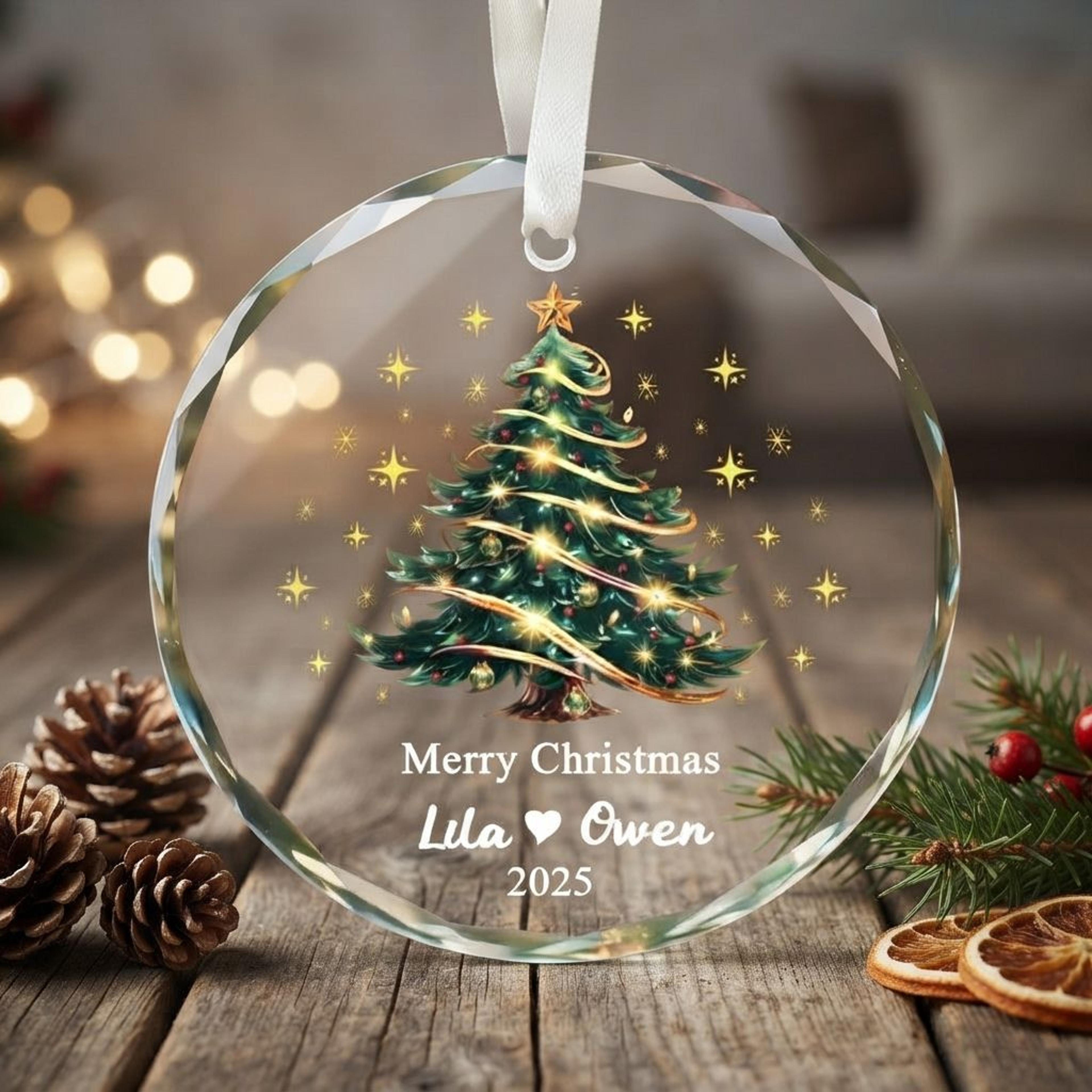 personalized christmas tree ornament 2025, custom couple names glass xmas keepsake, romantic holiday gift, christmas