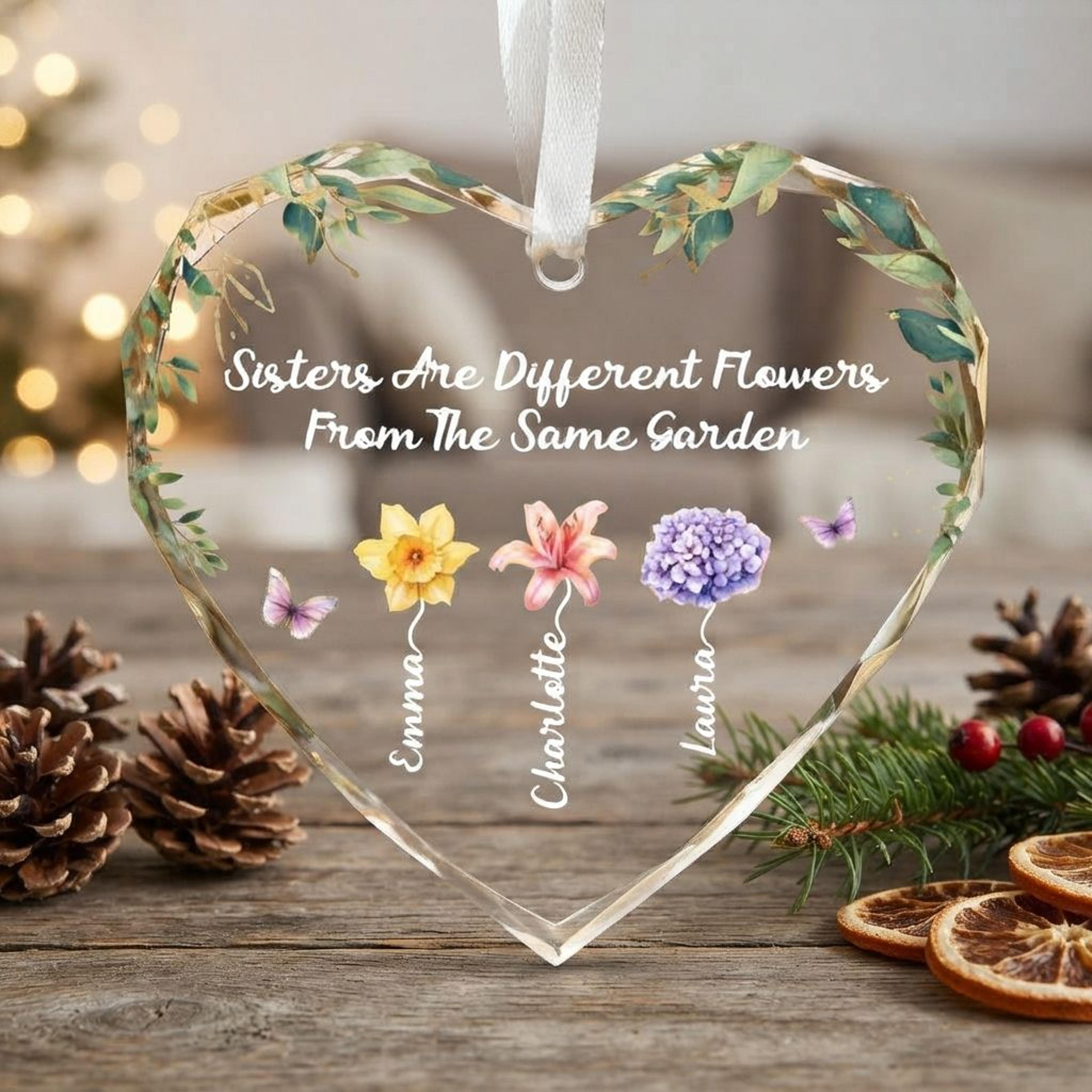 personalized sisters ornament, custom 3 names heart glass keepsake, sisters are different flowers gift, floral sister