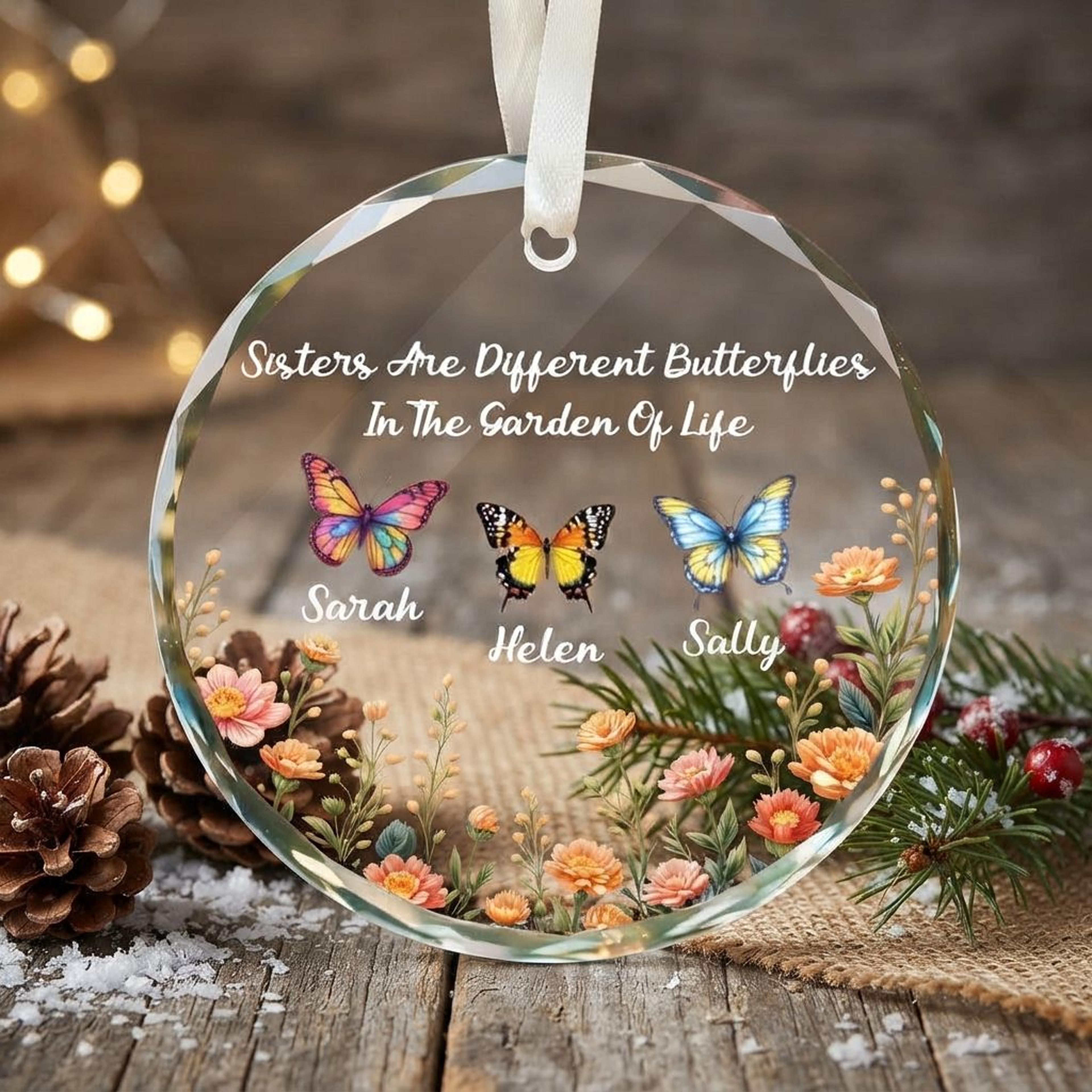 personalized sisters butterfly ornament, custom 3 names glass christmas keepsake, sisters garden of life gift, floral