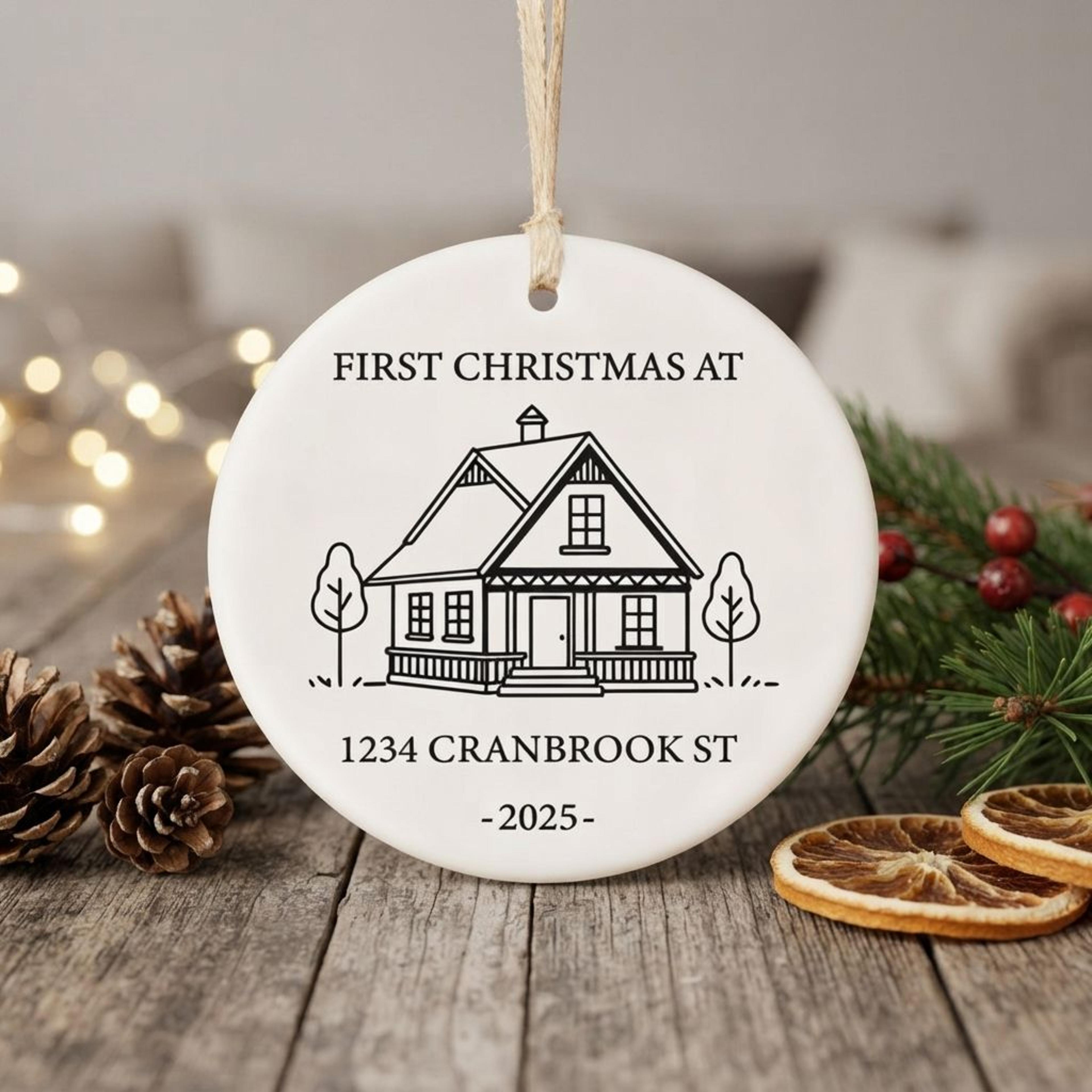 personalized first christmas in new home ornament 2025, custom house address christmas decoration, minimalist new